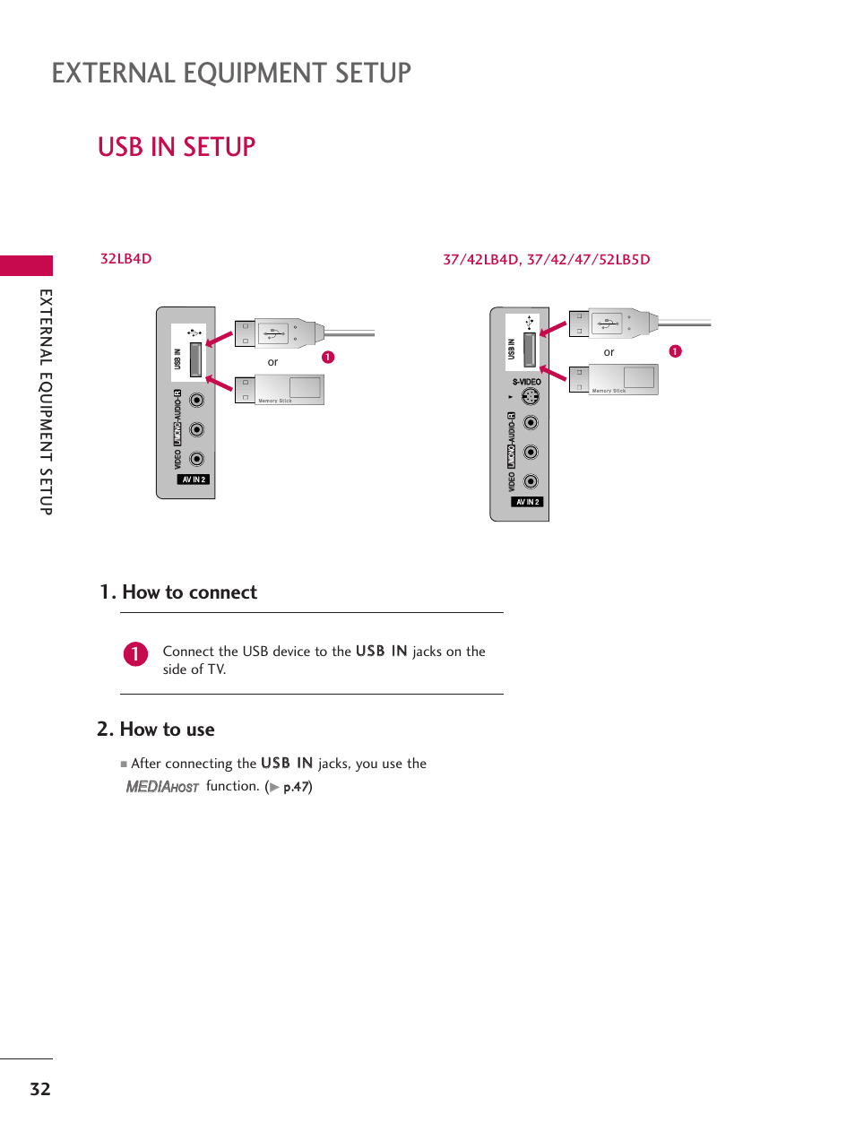 External equipment setup, Usb in setup, How to connect | How to use, External eq uipment setup, Media | LG 37LB4DS User Manual | Page 34 / 110