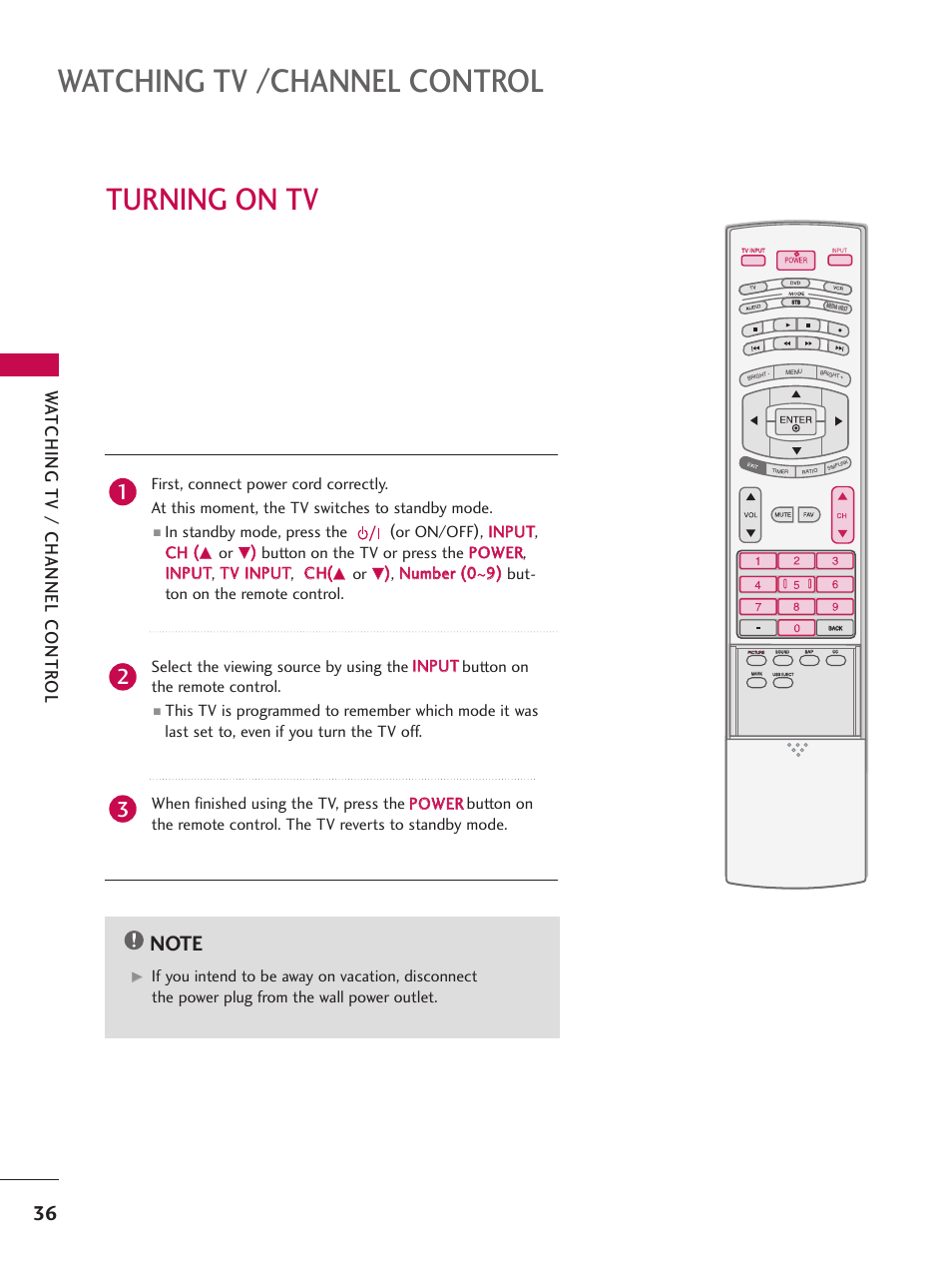 Watching tv /channel control, Turning on tv, Wa tching tv / channel contr ol | LG 37LB4DS User Manual | Page 38 / 110