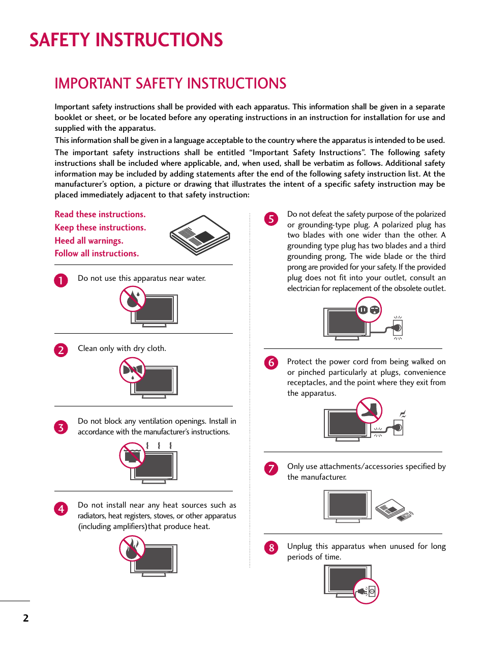 Safety instructions, Important safety instructions | LG 37LB4DS User Manual | Page 4 / 110