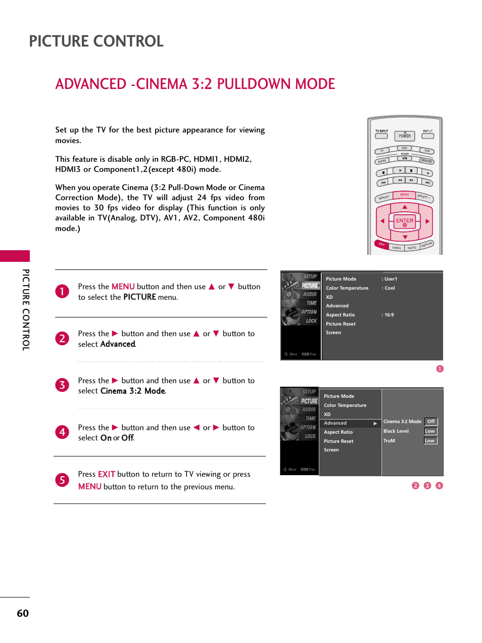 Picture control, Advanced -cinema 3:2 pulldown mode, Picture contr ol | Press the m me en nu u button and then use, Button and then use, Button to select a ad dvvaan ncceed d. press the | LG 37LB4DS User Manual | Page 62 / 110
