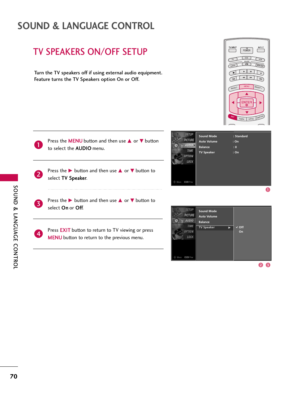 Sound & language control, Tv speakers on/off setup, Sound & langu a ge contr ol | Press the m me en nu u button and then use, Button and then use | LG 37LB4DS User Manual | Page 72 / 110