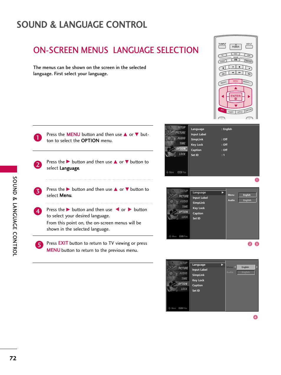 Sound & language control, On-screen menus language selection, Sound & langu a ge contr ol | Press the m me en nu u button and then use, Button and then use, Button to select llaan ng gu uaag gee. press the, Button to select m meen nu u. press the | LG 37LB4DS User Manual | Page 74 / 110