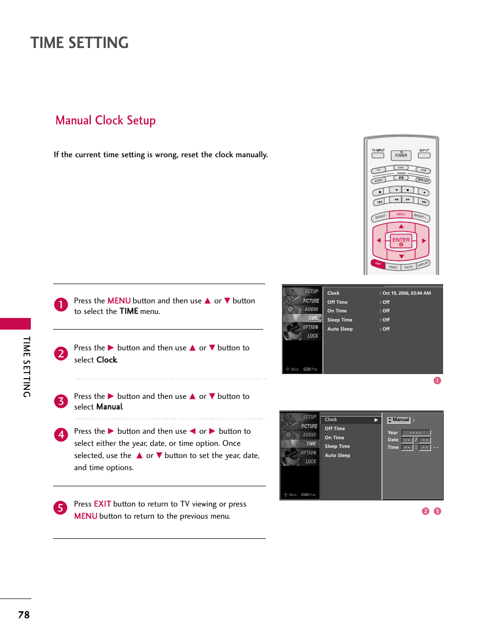 Manual clock setup, Time setting, Press the m me en nu u button and then use | Button to select the t tiim me e menu. press the, Button and then use, Button to select c cllo occkk. press the, Button to select m maan nu uaall. press the | LG 37LB4DS User Manual | Page 80 / 110