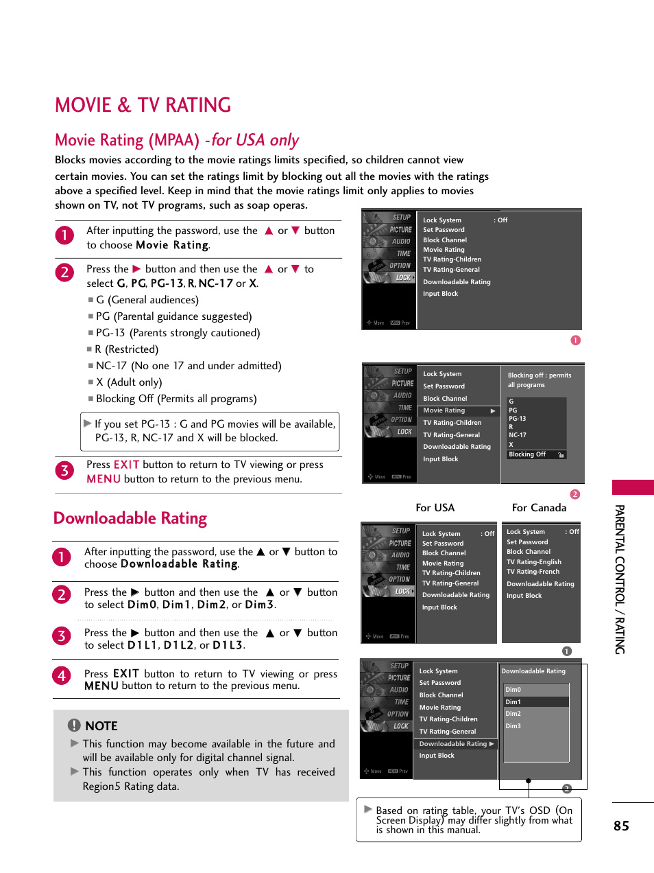 Movie & tv rating, Movie rating (mpaa) - for usa only, Downloadable rating | Pa rent al contr ol / r ating | LG 37LB4DS User Manual | Page 87 / 110