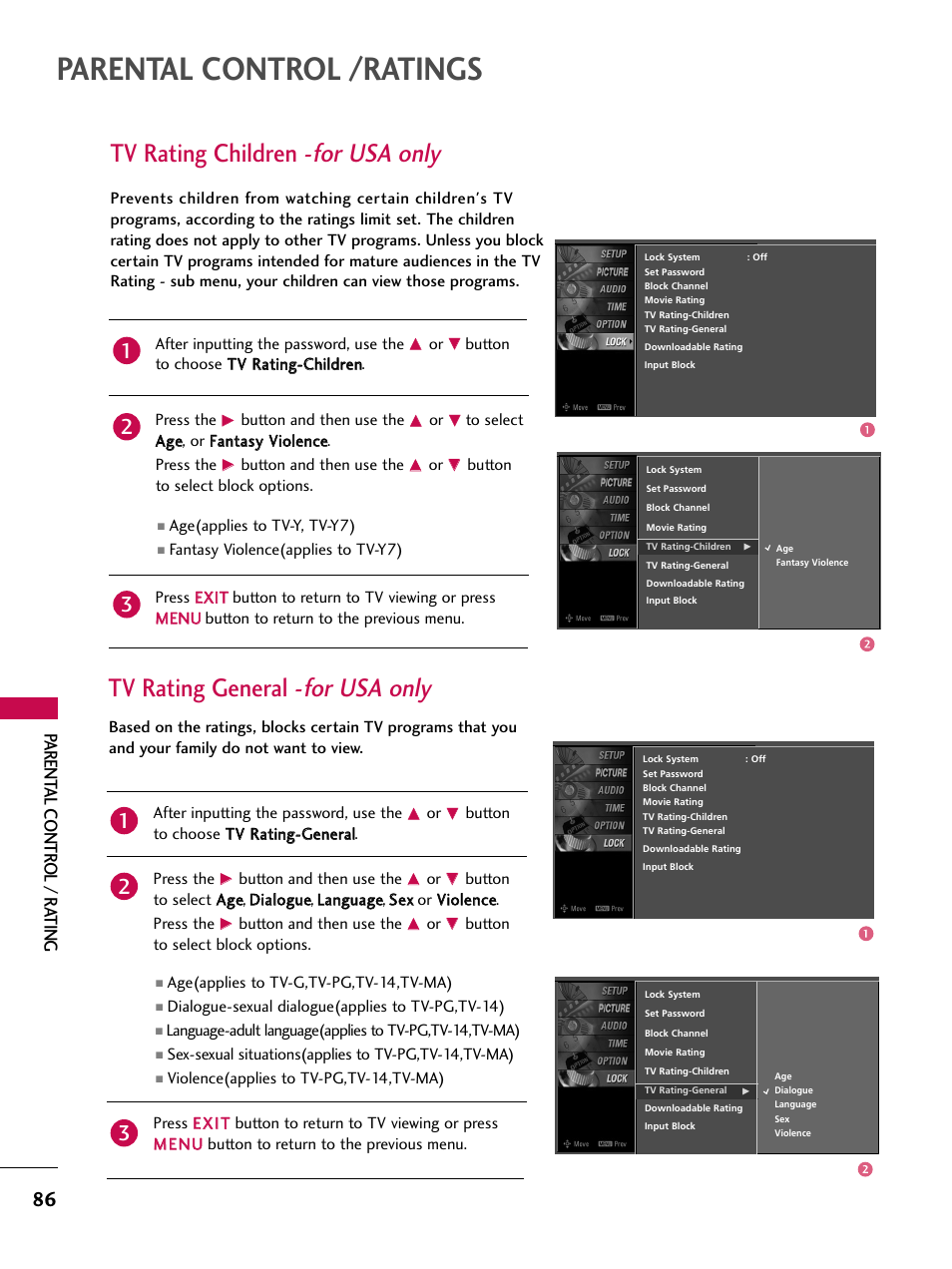 Parental control /ratings, Tv rating children - for usa only, Tv rating general - for usa only | Parent al contr ol / r ating | LG 37LB4DS User Manual | Page 88 / 110