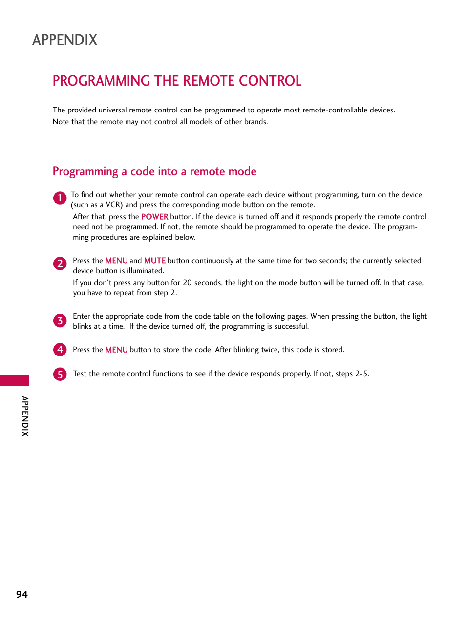 Appendix, Programming the remote control, Programming a code into a remote mode | LG 37LB4DS User Manual | Page 96 / 110