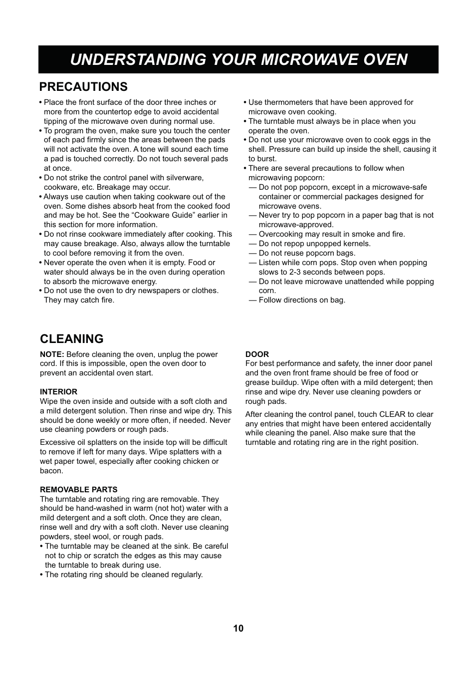 Understanding your microwave oven, Cleaning precautions | LG LCS1013SW User Manual | Page 10 / 25