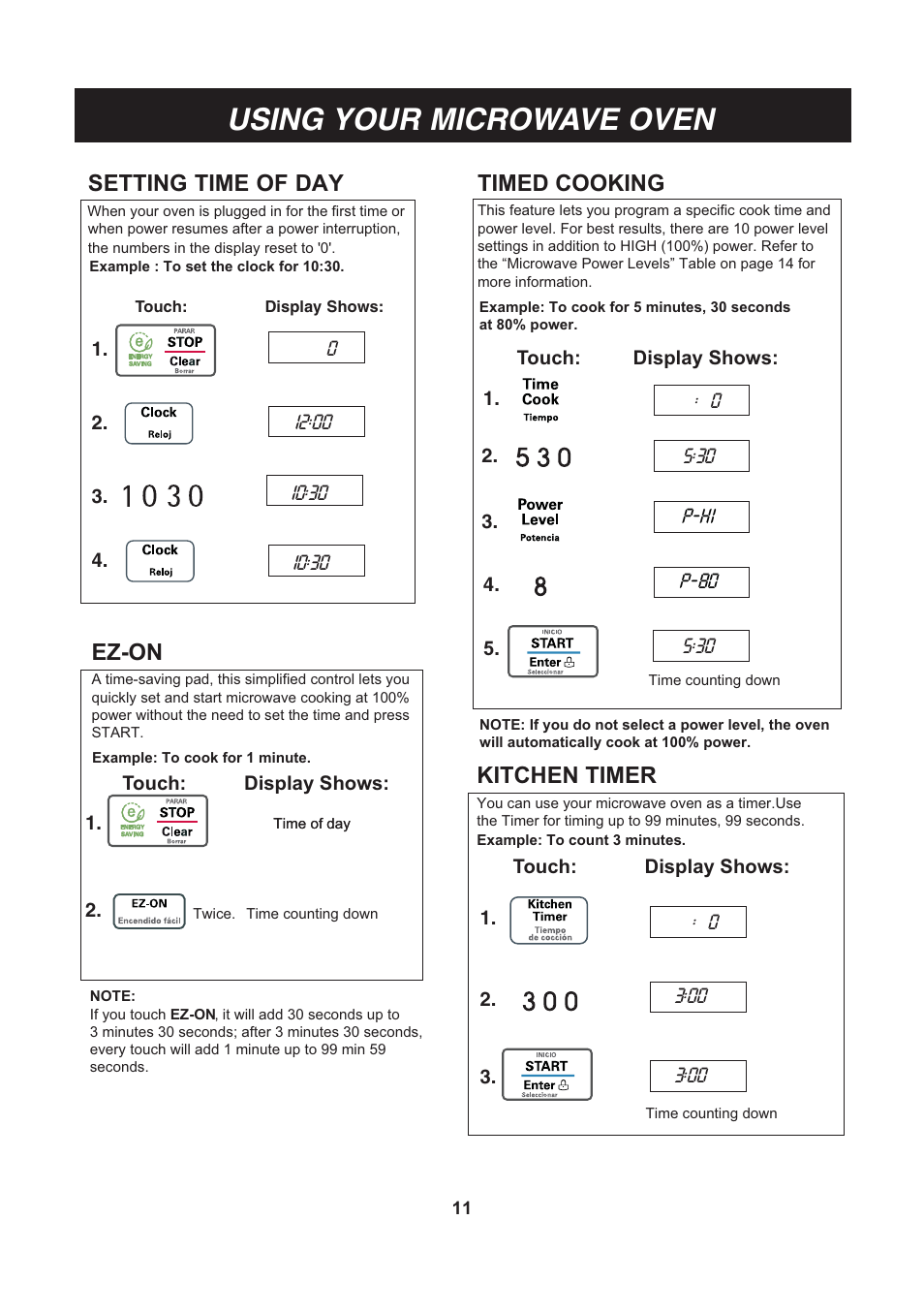 Using your microwave oven, Setting time of day, Ez-on | Timed cooking, Kitchen timer | LG LCS1013SW User Manual | Page 11 / 25