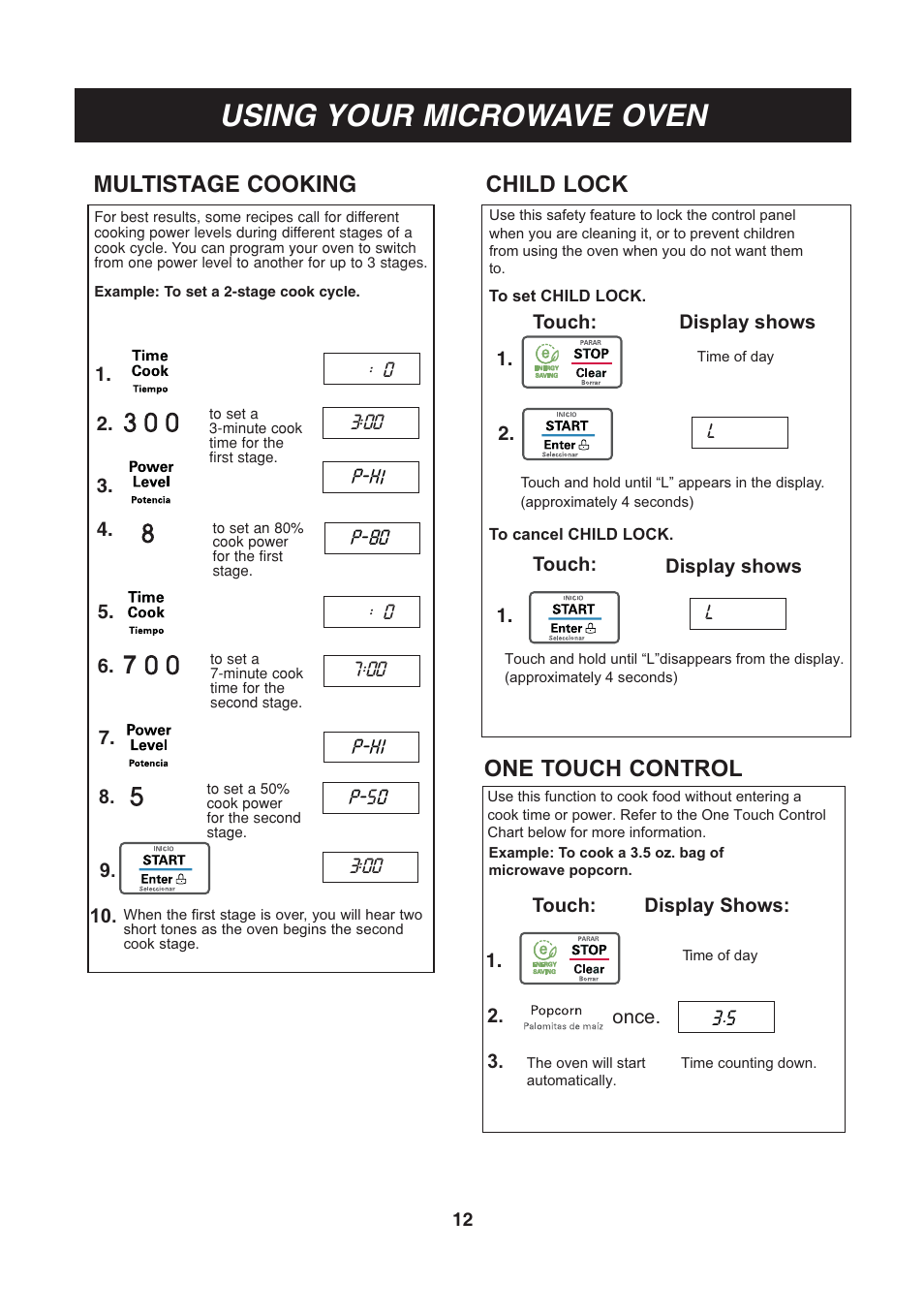Using your microwave oven, Child lock, One touch control | Multistage cooking | LG LCS1013SW User Manual | Page 12 / 25