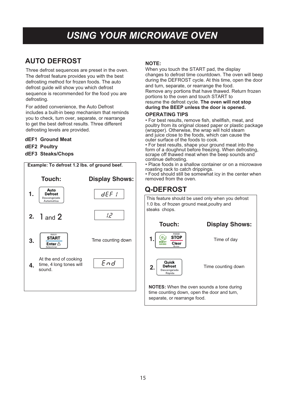 Using your microwave oven, Auto defrost, Q-defrost | LG LCS1013SW User Manual | Page 15 / 25