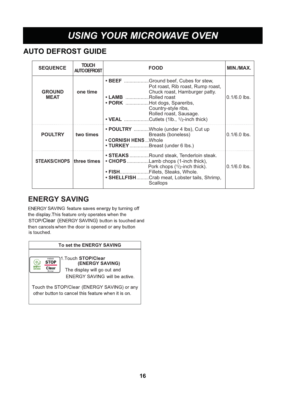 Using your microwave oven, Auto defrost guide, Energy saving | LG LCS1013SW User Manual | Page 16 / 25