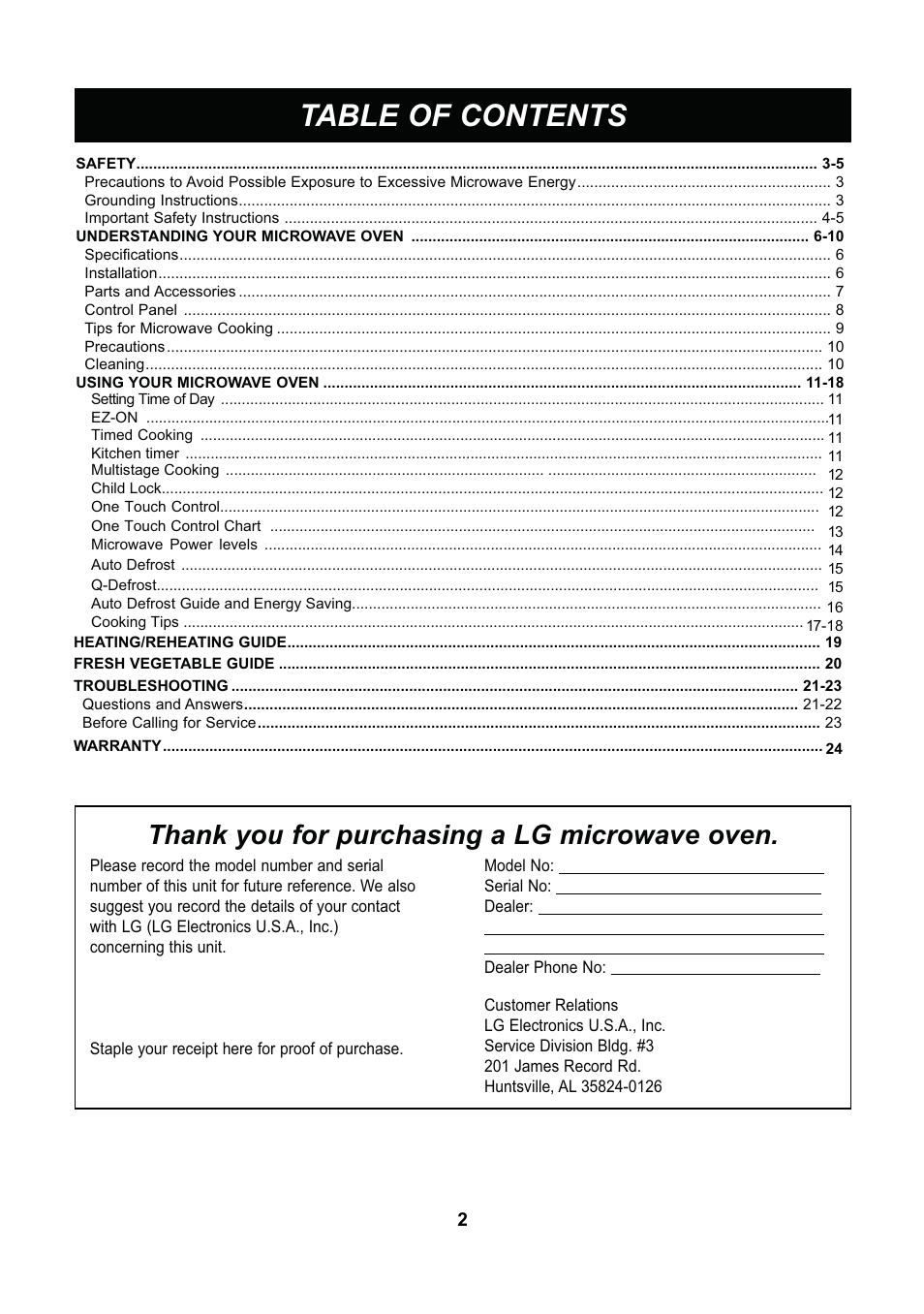 LG LCS1013SW User Manual | Page 2 / 25