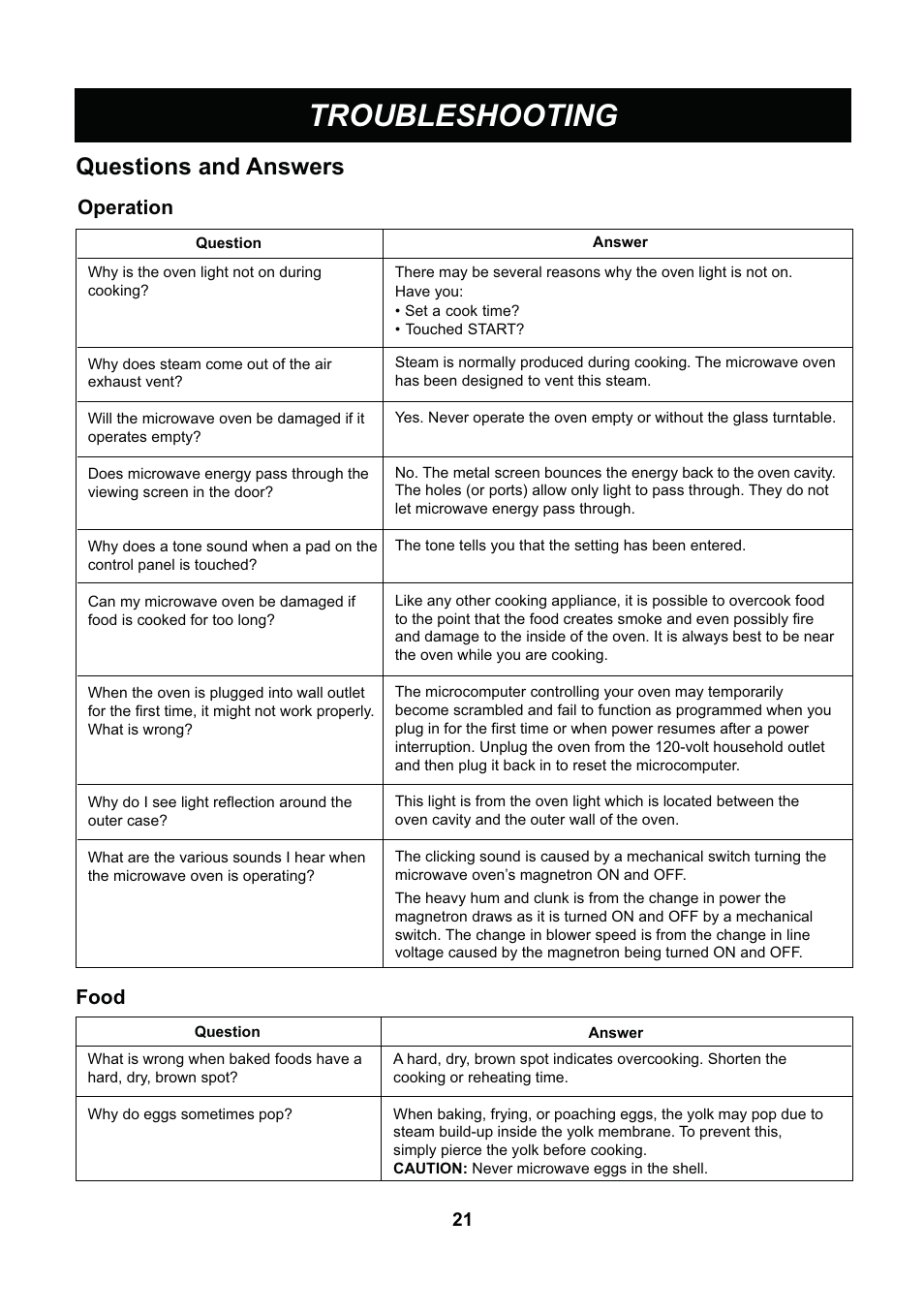 Troubleshooting, Questions and answers, Operation | Food | LG LCS1013SW User Manual | Page 21 / 25