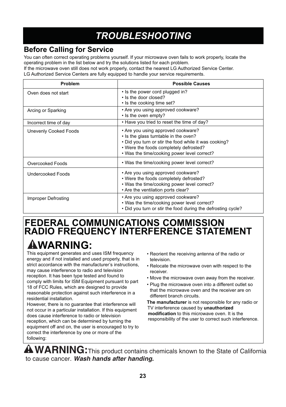 Warning, Troubleshooting, Before calling for service | LG LCS1013SW User Manual | Page 23 / 25
