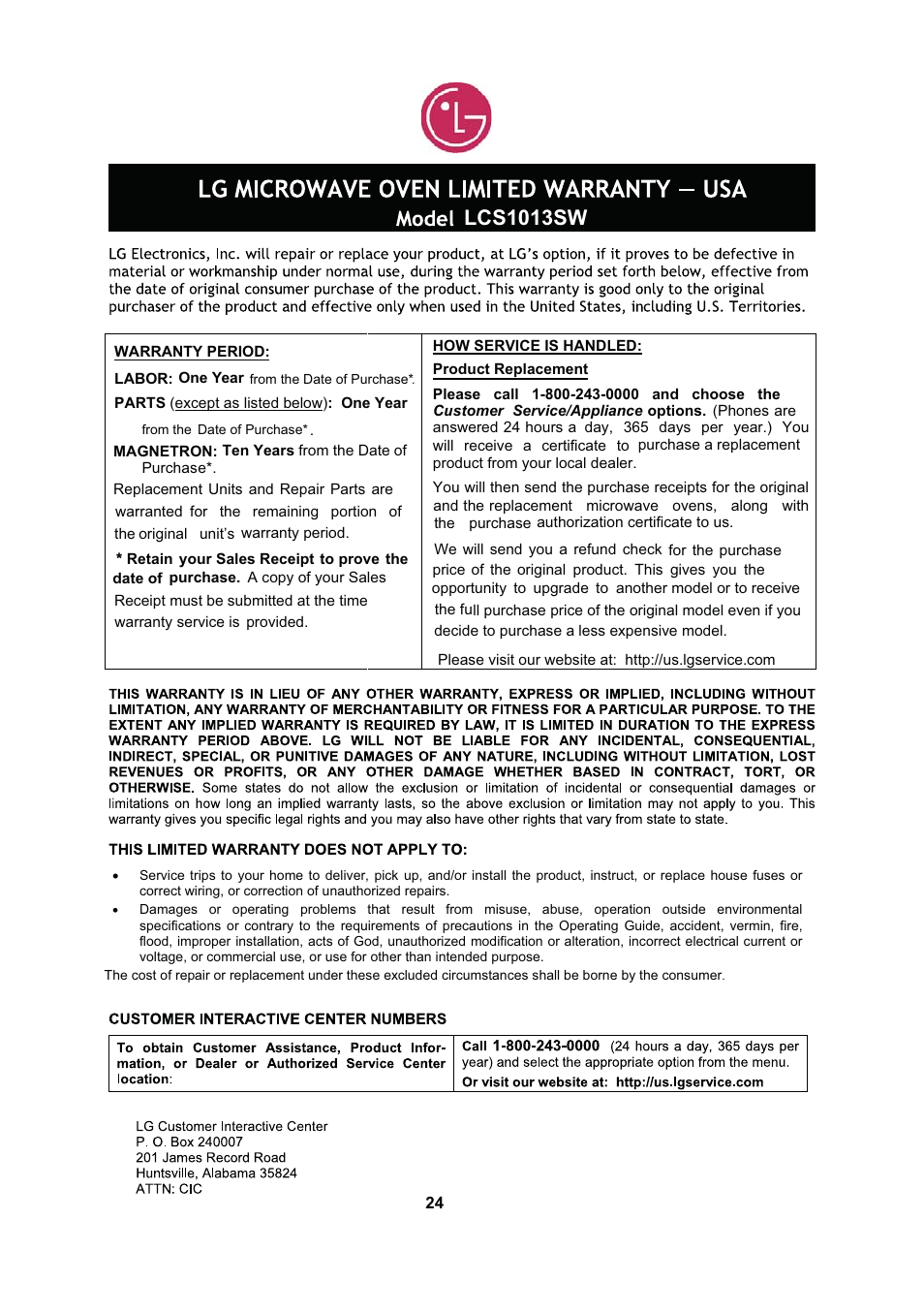 Lcs1013sw | LG LCS1013SW User Manual | Page 24 / 25