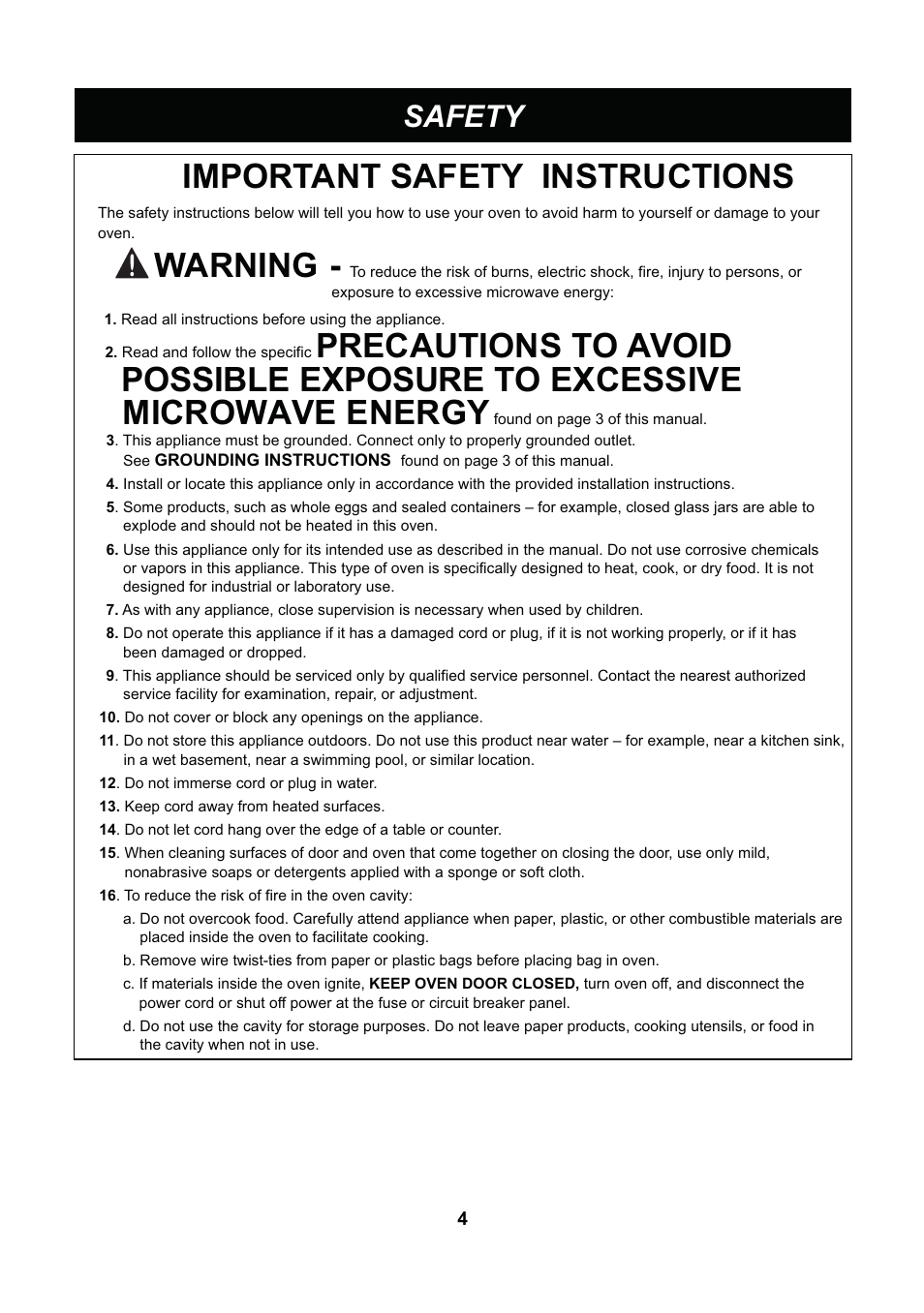 Important safety instructions, Possible exposure to excessive, Microwave energy | Warning, Precautions to avoid, Safety | LG LCS1013SW User Manual | Page 4 / 25