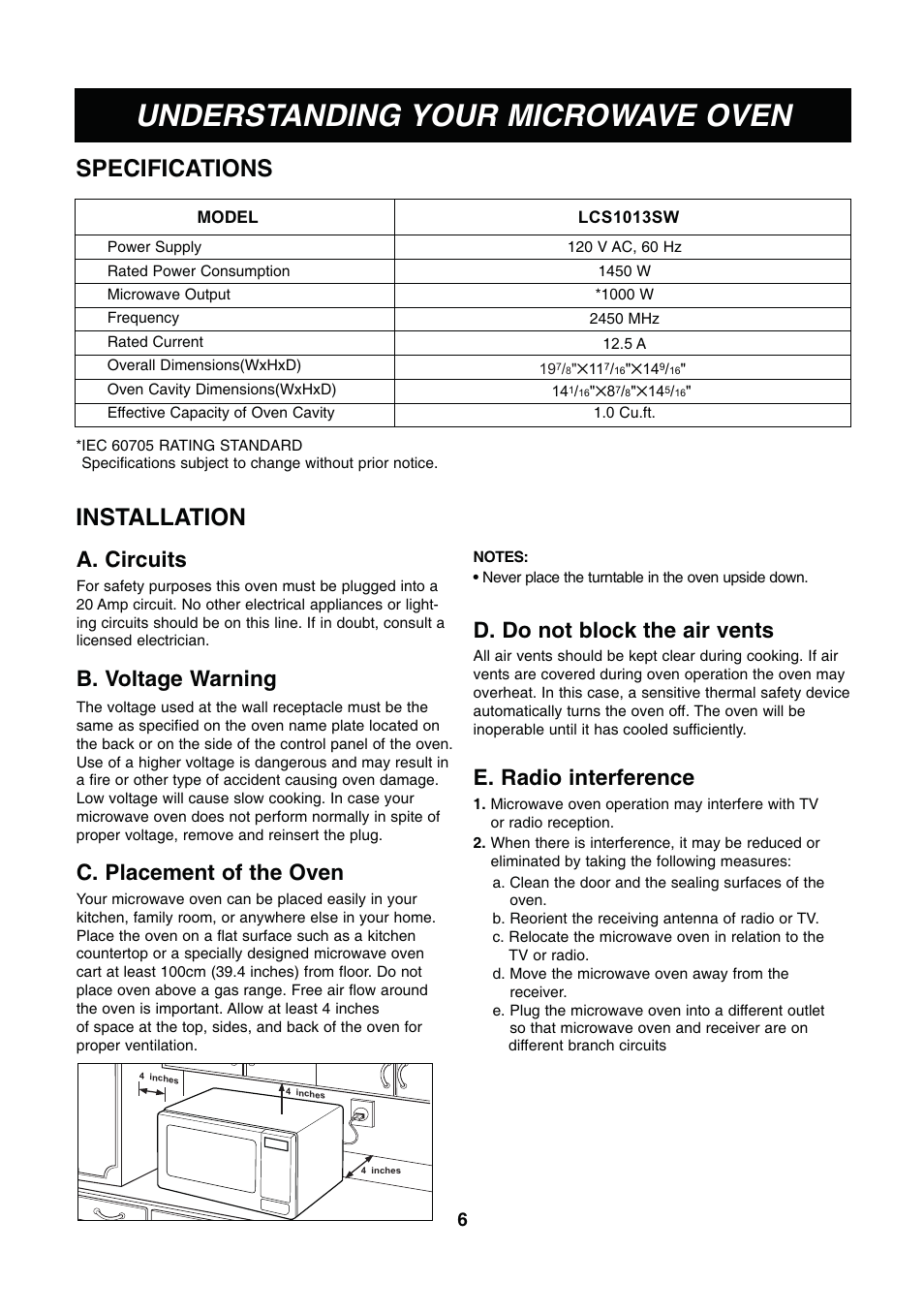 Understanding your microwave oven, Specifications, Installation | A. circuits, B. voltage warning, C. placement of the oven, D. do not block the air vents, E. radio interference | LG LCS1013SW User Manual | Page 6 / 25