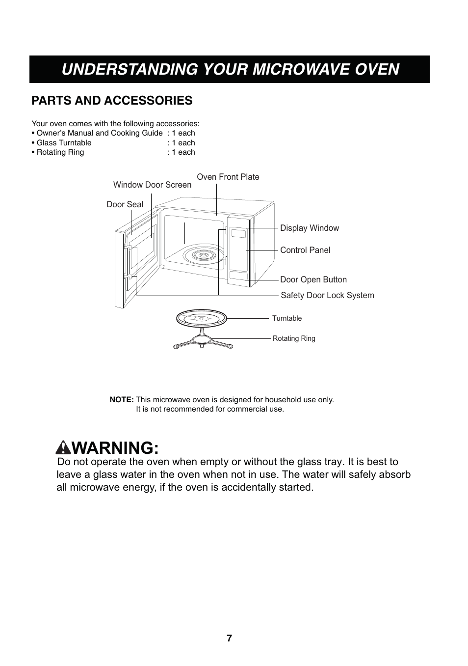 Warning, Understanding your microwave oven, Parts and accessories | LG LCS1013SW User Manual | Page 7 / 25