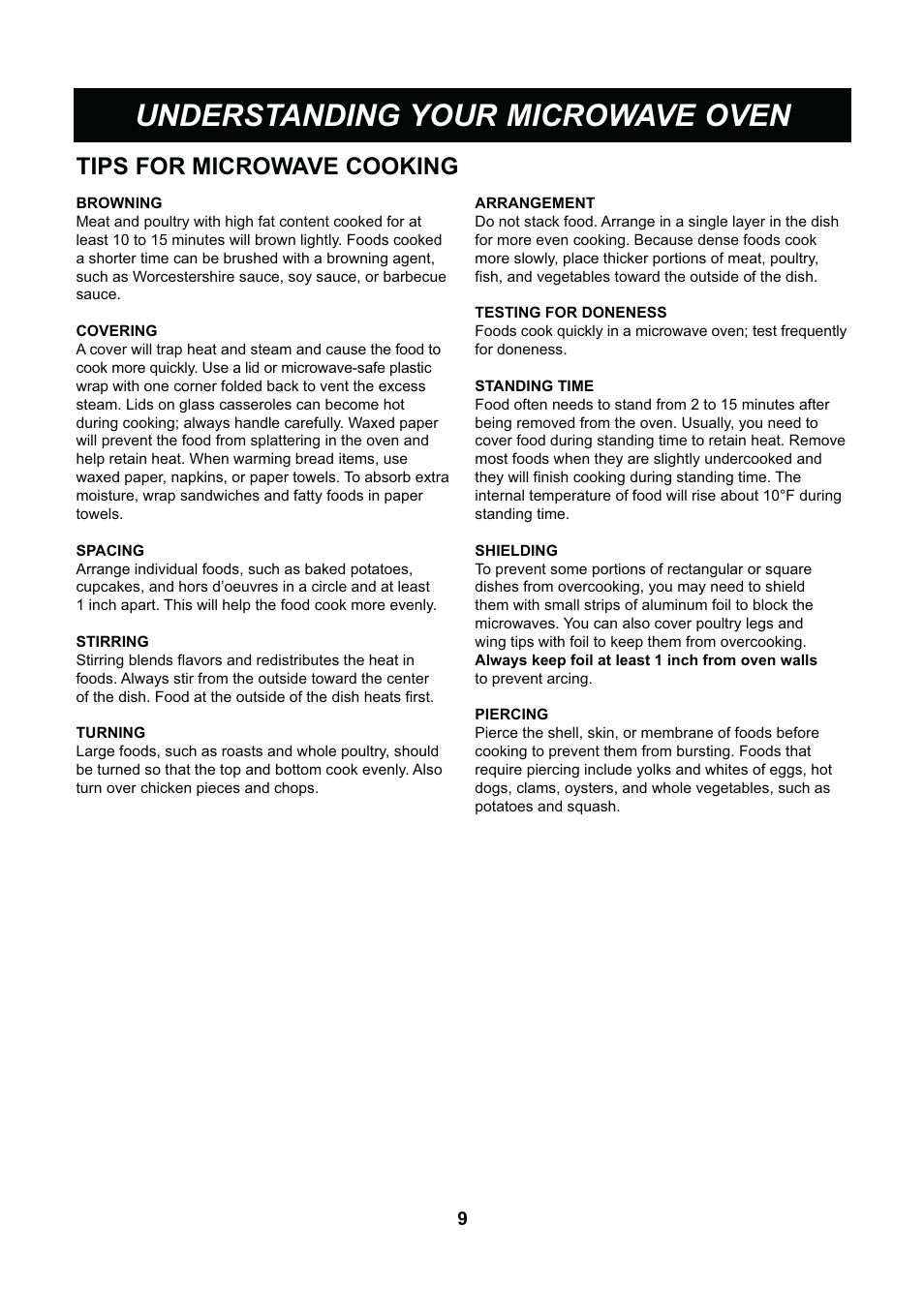 Understanding your microwave oven, Tips for microwave cooking | LG LCS1013SW User Manual | Page 9 / 25