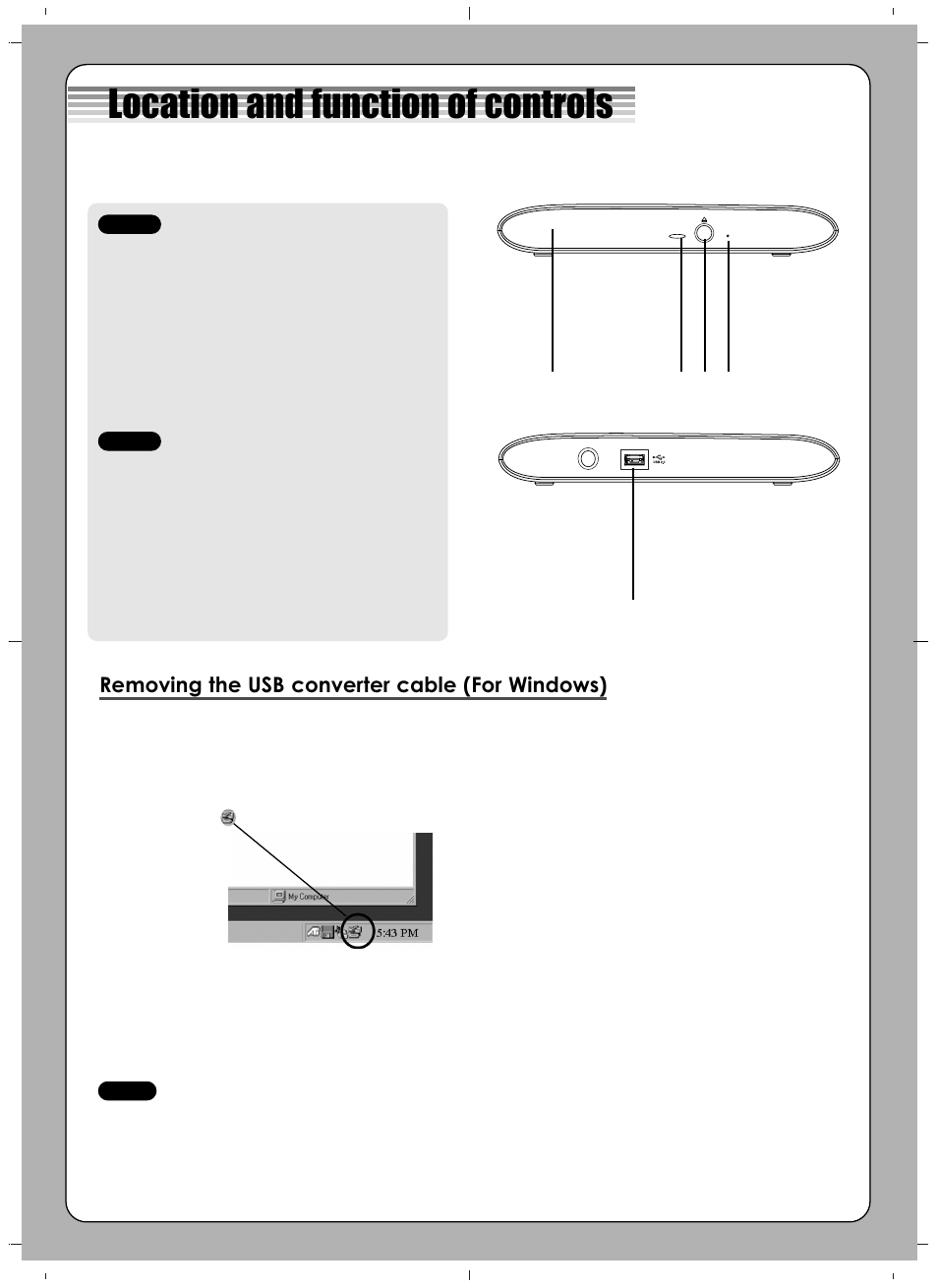 Location and function of controls, Removing the usb converter cable (for windows) | LG GP08NU20 User Manual | Page 2 / 4
