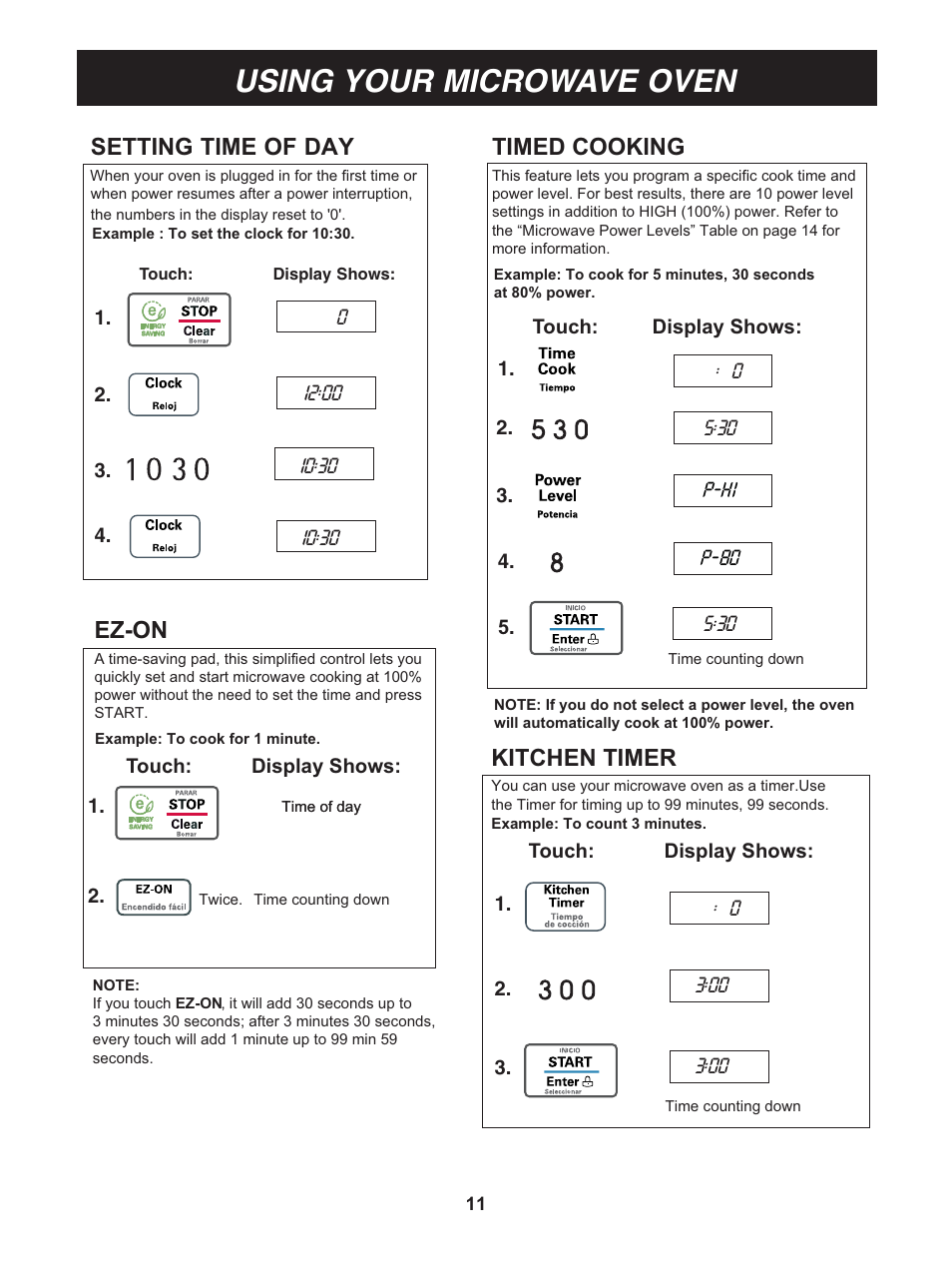 Using your microwave oven, Setting time of day, Ez-on | Timed cooking, Kitchen timer | LG GS0713ST User Manual | Page 11 / 25