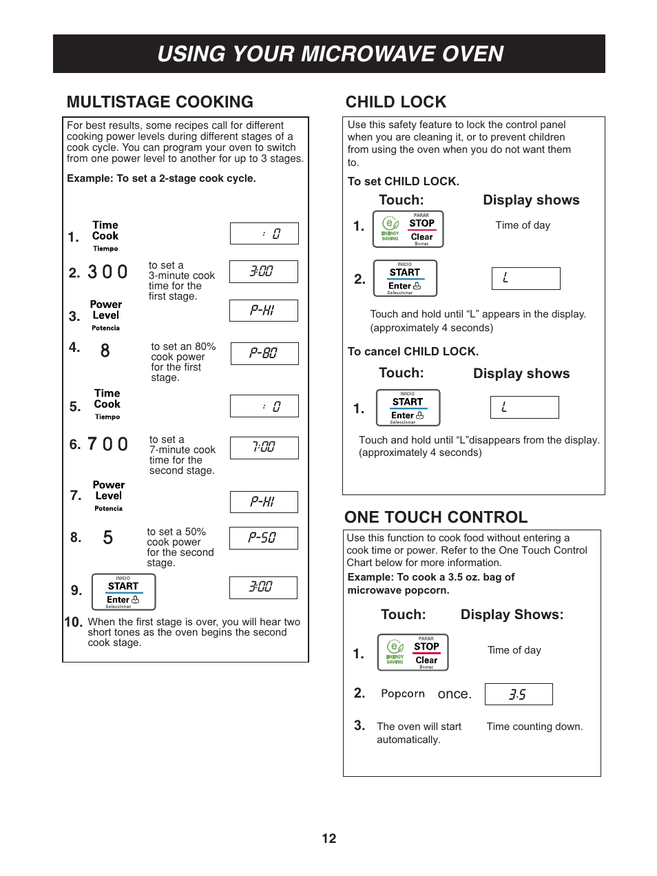 Using your microwave oven, Child lock, One touch control | Multistage cooking | LG GS0713ST User Manual | Page 12 / 25