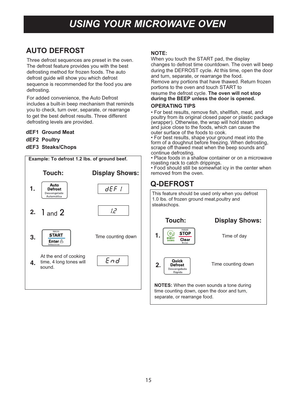 Using your microwave oven, Auto defrost, Q-defrost | LG GS0713ST User Manual | Page 15 / 25