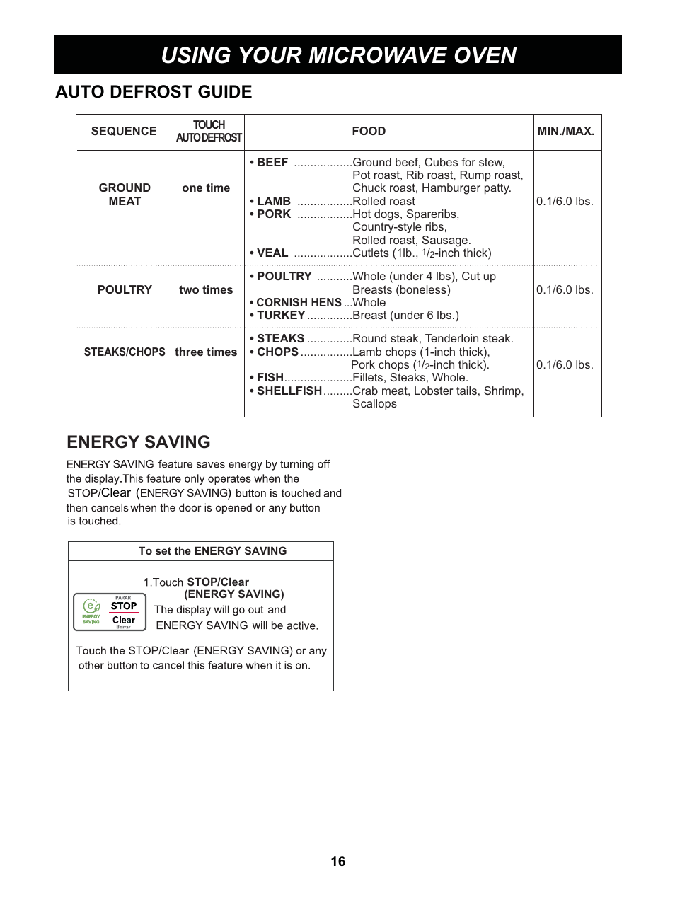 Using your microwave oven, Auto defrost guide, Energy saving | LG GS0713ST User Manual | Page 16 / 25