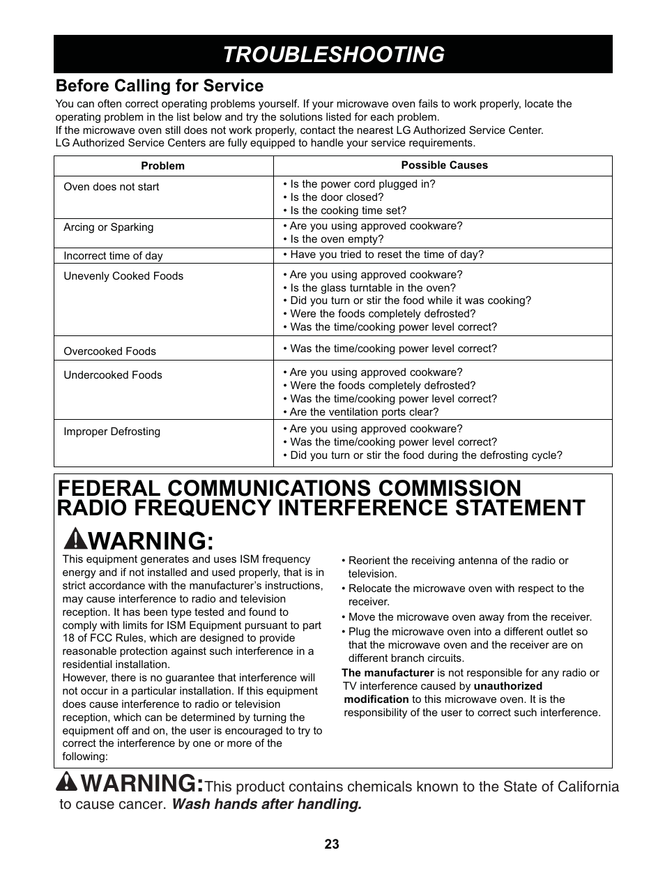 Warning, Troubleshooting, Before calling for service | LG GS0713ST User Manual | Page 23 / 25