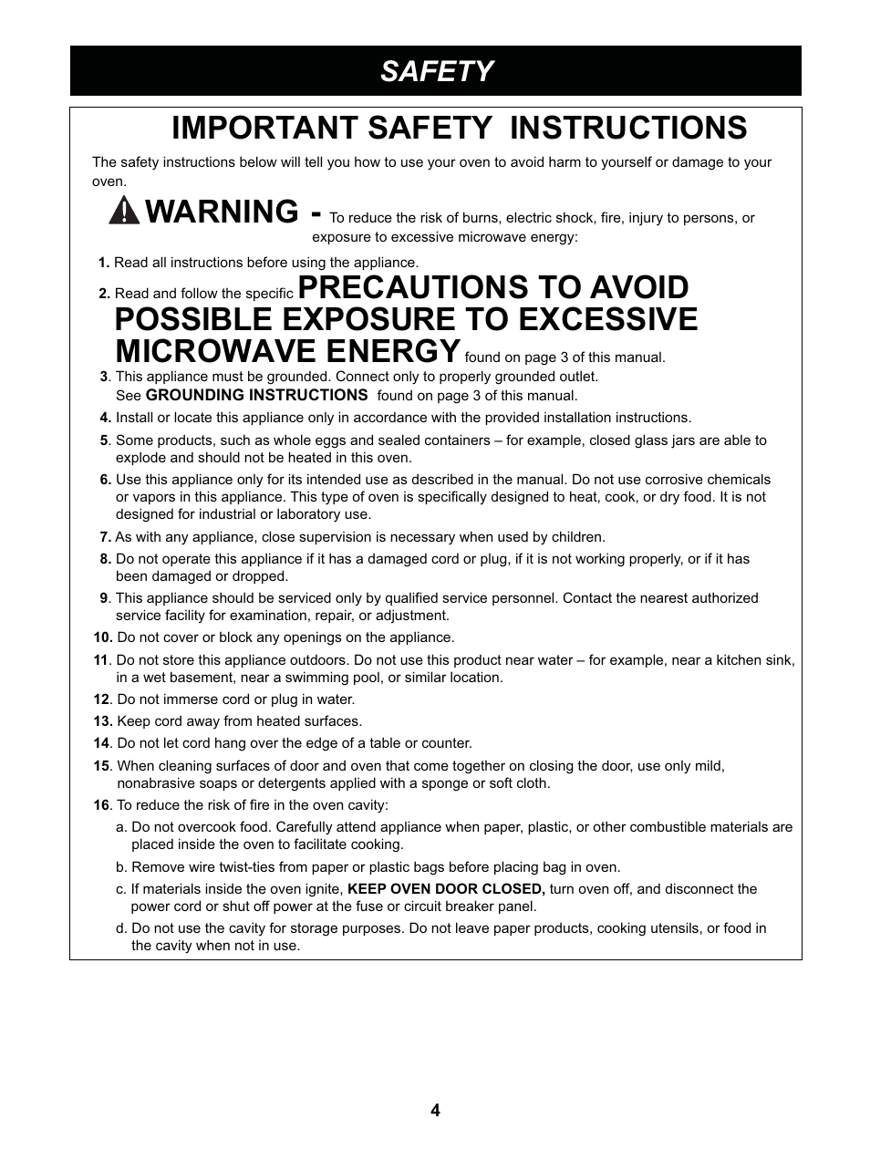 Important safety instructions, Possible exposure to excessive, Microwave energy | Warning, Precautions to avoid, Safety | LG GS0713ST User Manual | Page 4 / 25