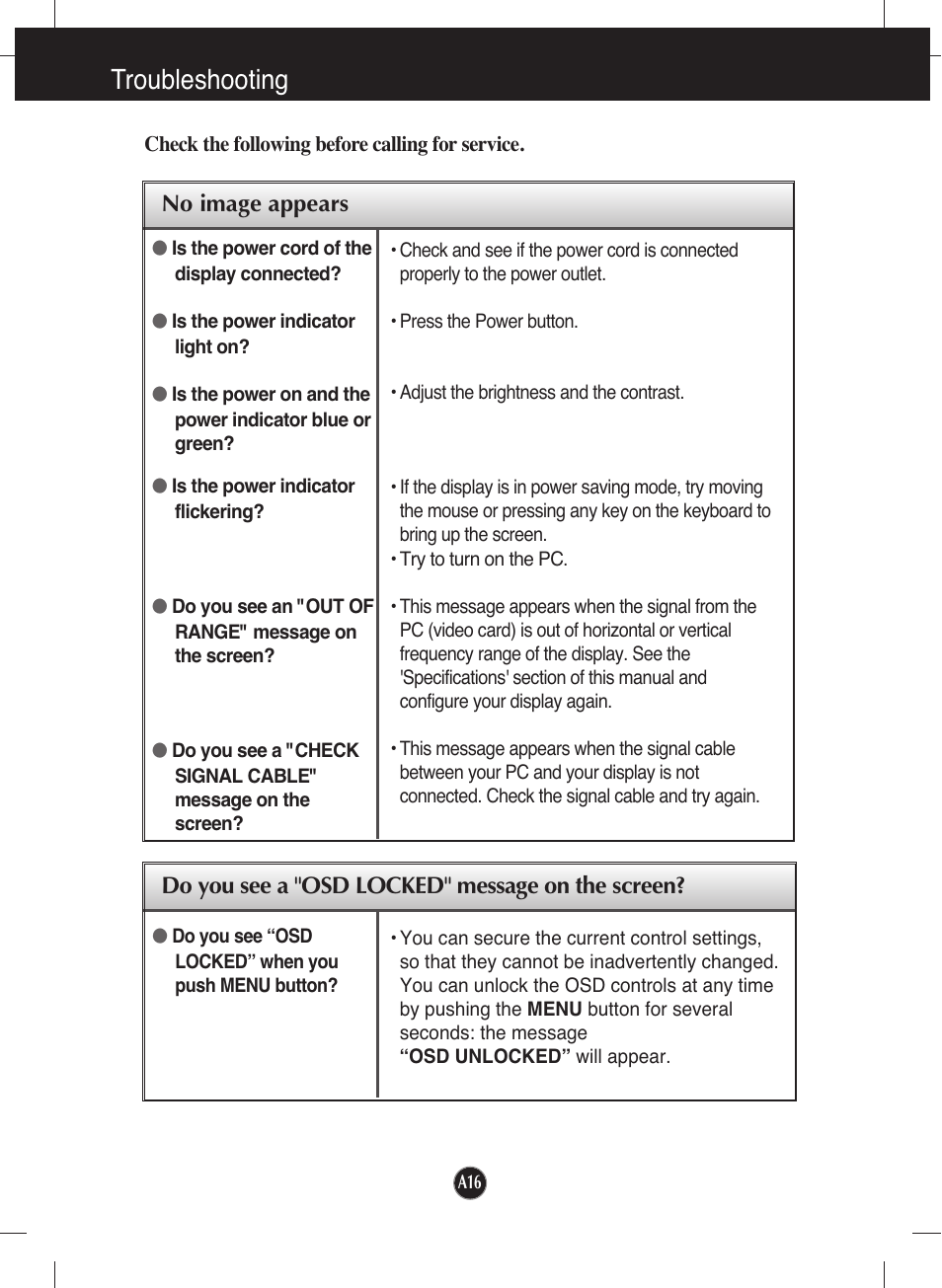 Troubleshooting, No image appears, Do you see a "osd locked" message on the screen | LG L1942S-BF User Manual | Page 17 / 24