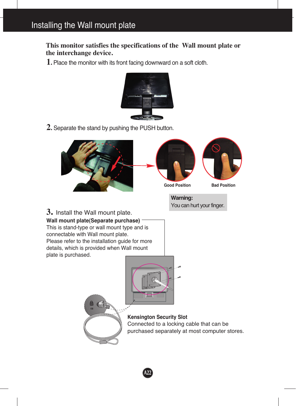 Installing the wall mount plate | LG L1942S-BF User Manual | Page 23 / 24