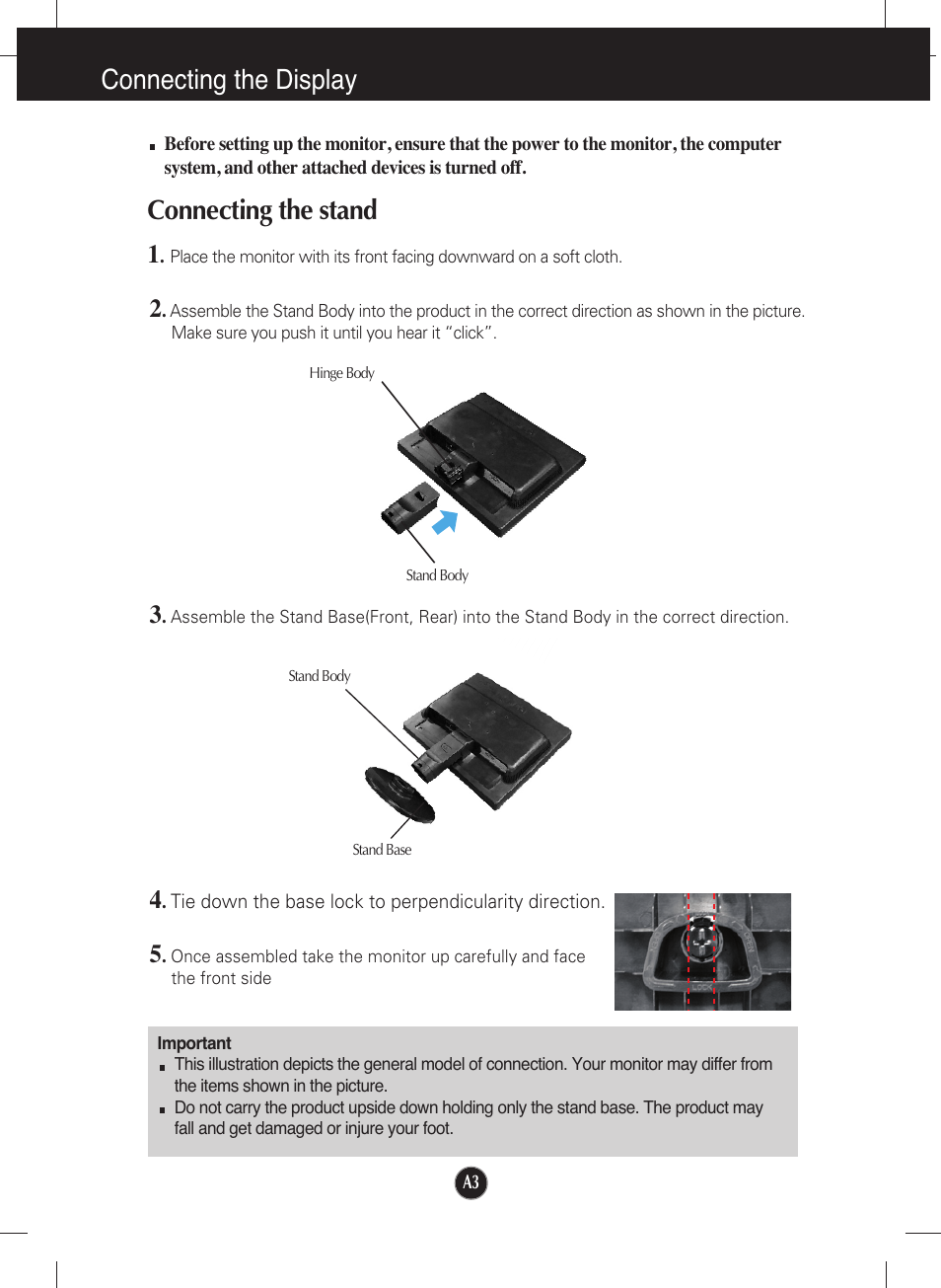 Connecting the display, Connecting the stand | LG L1942S-BF User Manual | Page 4 / 24