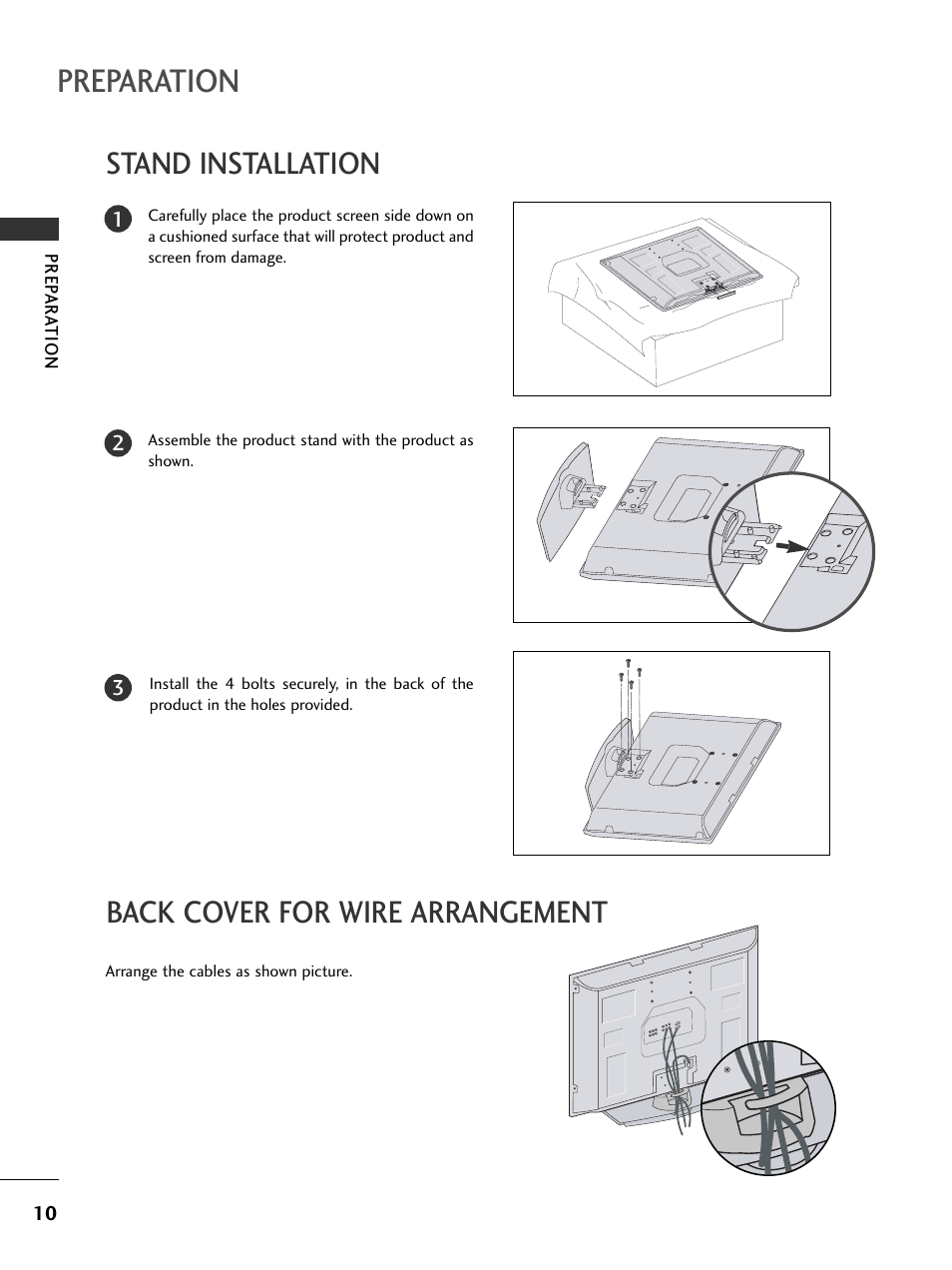 Stand installation, Back cover for wire arrangement, Preparation | LG 32PC5RV User Manual | Page 12 / 78