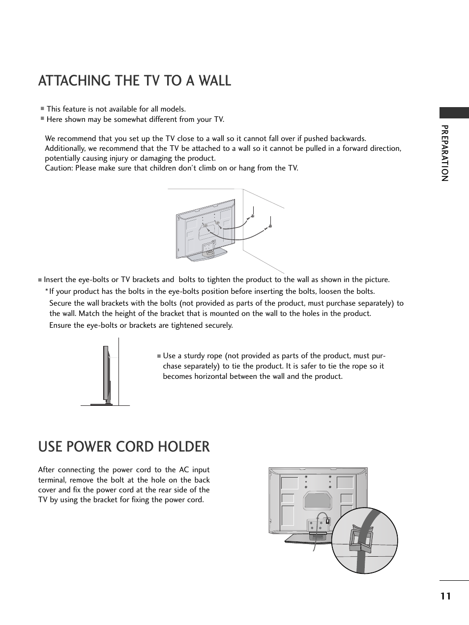 Attaching the tv to a wall, Use power cord holder | LG 32PC5RV User Manual | Page 13 / 78