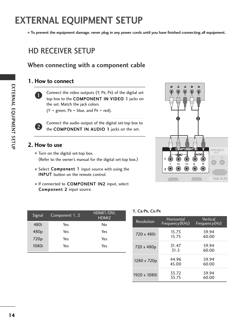 External equipment setup, Hd receiver setup, When connecting with a component cable | How to connect, How to use, External eq uipment setup | LG 32PC5RV User Manual | Page 16 / 78