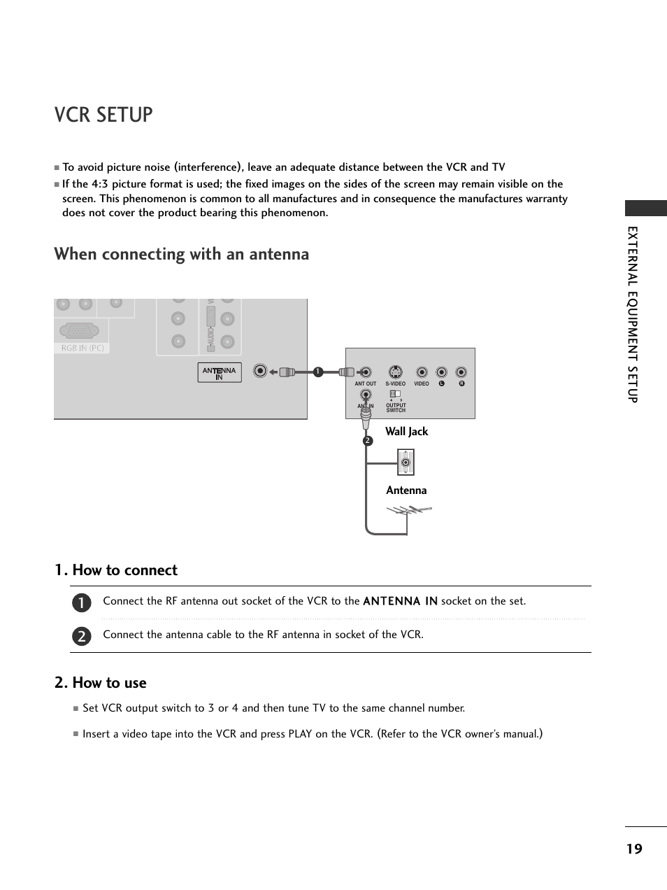 Vcr setup, When connecting with an antenna, How to connect | How to use, External eq uipment setup | LG 32PC5RV User Manual | Page 21 / 78