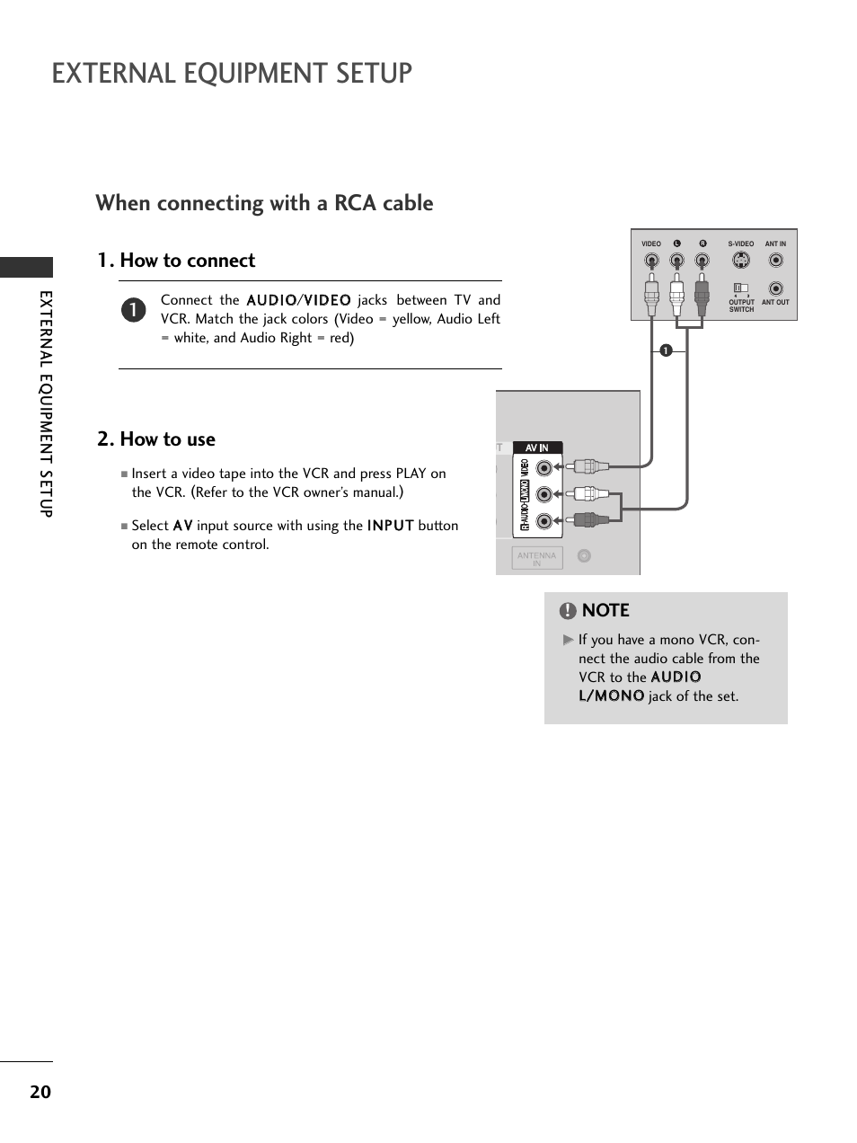 When connecting with a rca cable, External equipment setup, How to connect 2. how to use | External eq uipment setup | LG 32PC5RV User Manual | Page 22 / 78