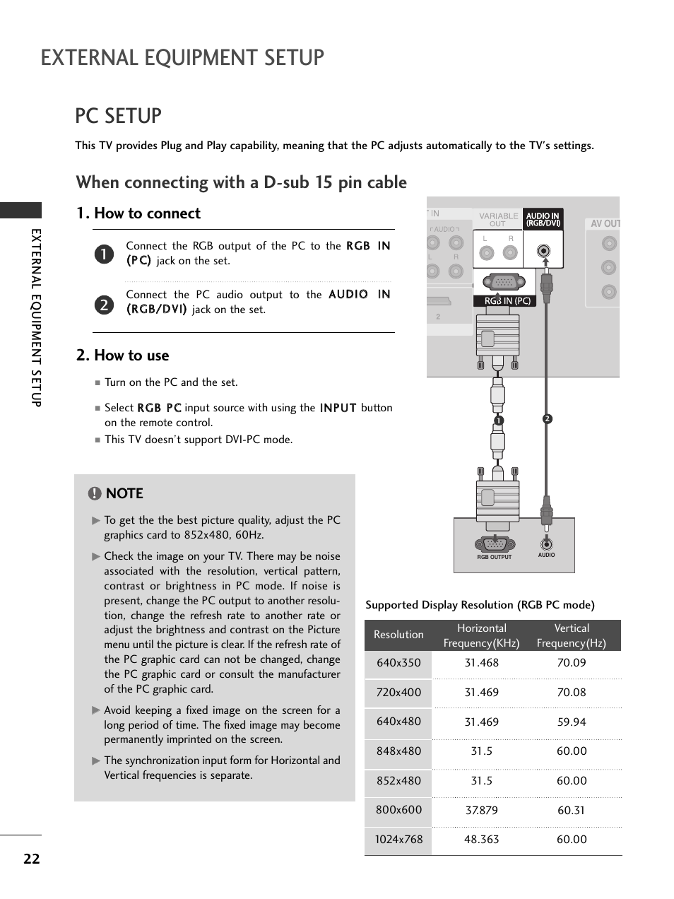 Pc setup, External equipment setup, When connecting with a d-sub 15 pin cable | How to connect 2. how to use, External eq uipment setup | LG 32PC5RV User Manual | Page 24 / 78