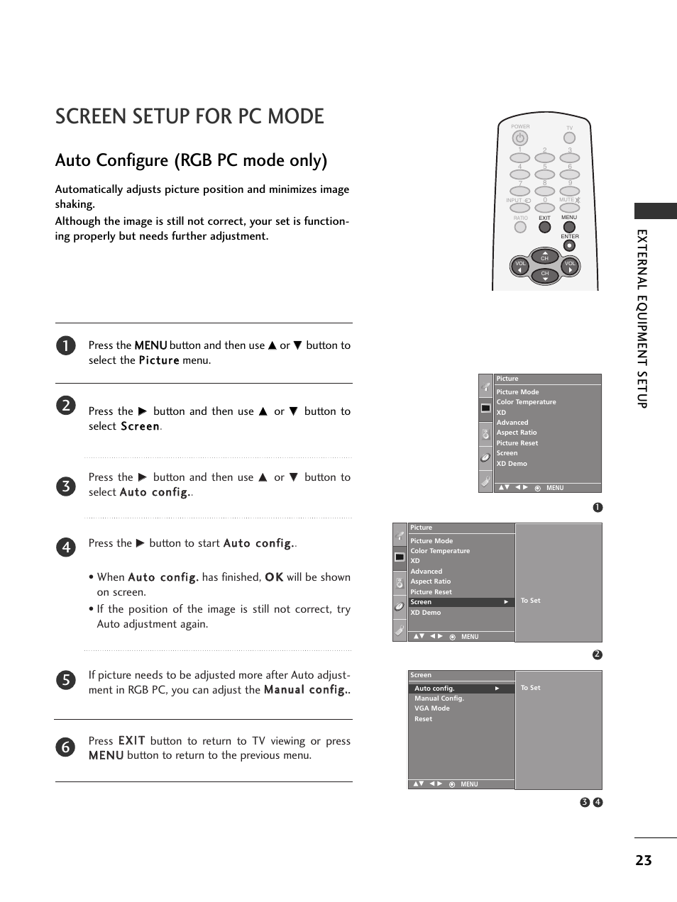 Screen setup for pc mode, Auto configure (rgb pc mode only), External eq uipment setup | LG 32PC5RV User Manual | Page 25 / 78