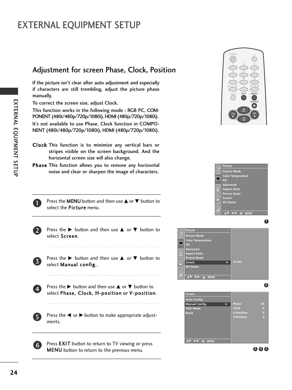 Adjustment for screen phase, clock, position, External equipment setup, External eq uipment setup | LG 32PC5RV User Manual | Page 26 / 78