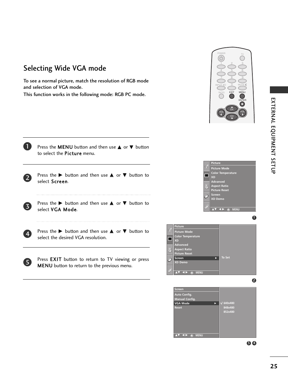 Selecting wide vga mode, External eq uipment setup, Press the m meen nu u button and then use | Button and then use, Button to select v vg ga a m mo od dee. press the | LG 32PC5RV User Manual | Page 27 / 78