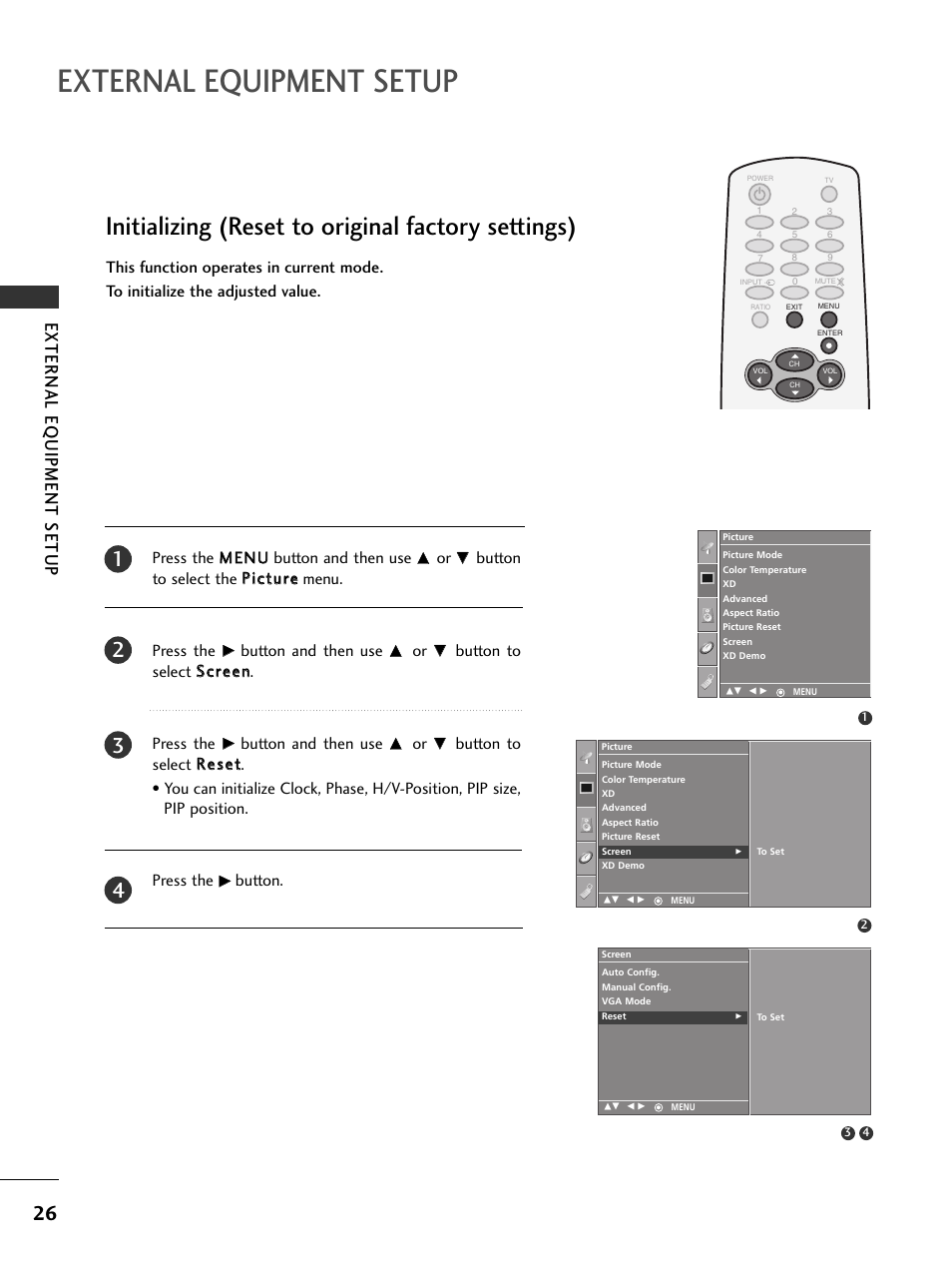 Initializing (reset to original factory settings), External equipment setup, External eq uipment setup | Button and then use, Button | LG 32PC5RV User Manual | Page 28 / 78