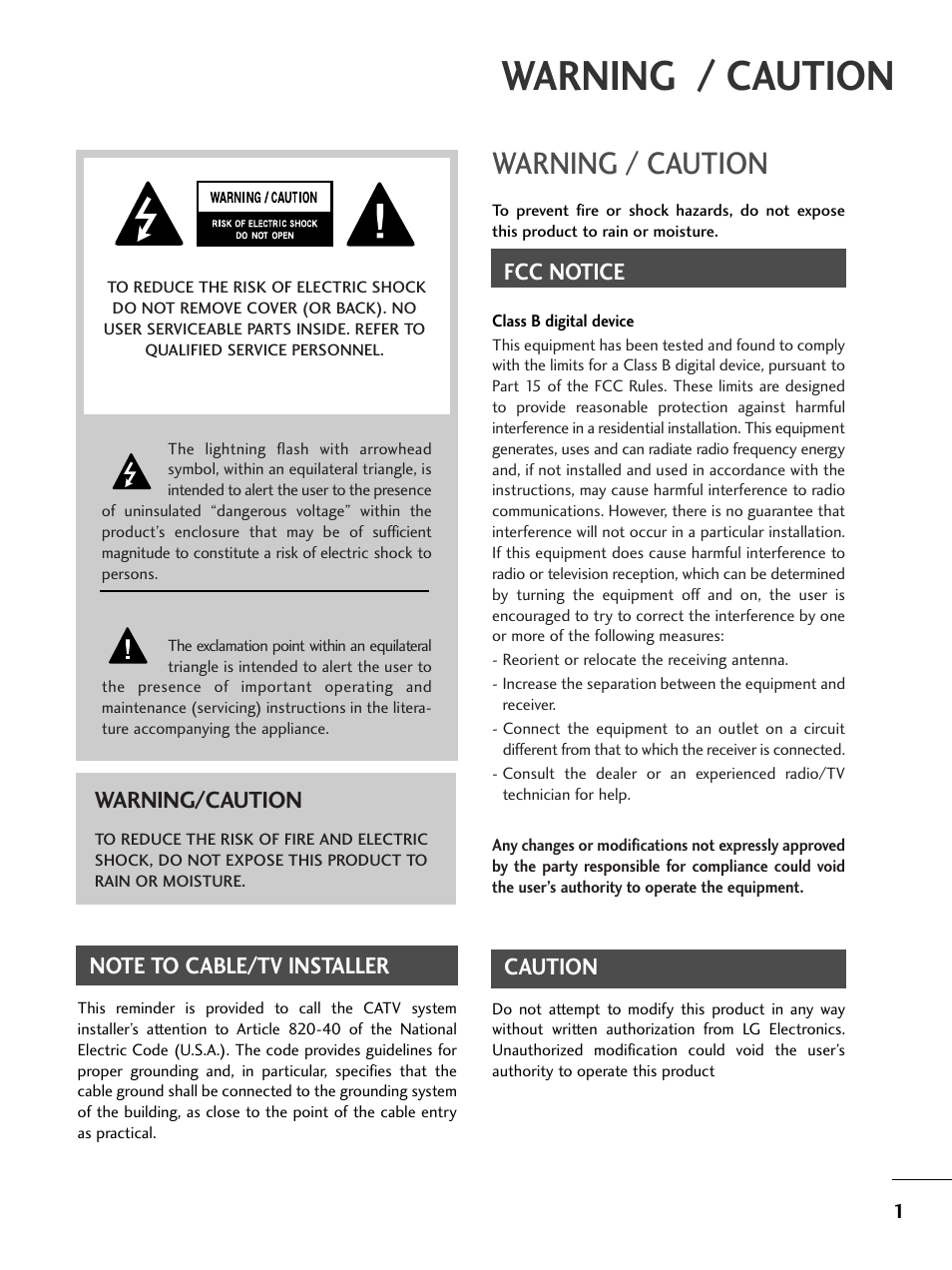 Warning / caution, Fcc notice, Caution | Warning/caution | LG 32PC5RV User Manual | Page 3 / 78