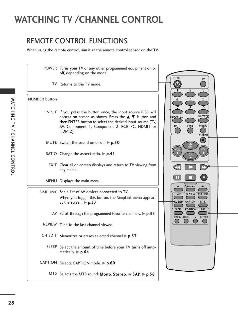 Watching tv /channel control, Remote control functions, Watching tv / channel contr ol | LG 32PC5RV User Manual | Page 30 / 78