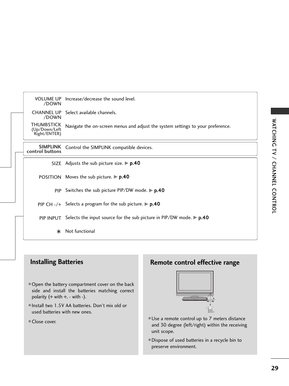 Installing batteries, Remote control effective range, Watching tv / channel contr ol | LG 32PC5RV User Manual | Page 31 / 78
