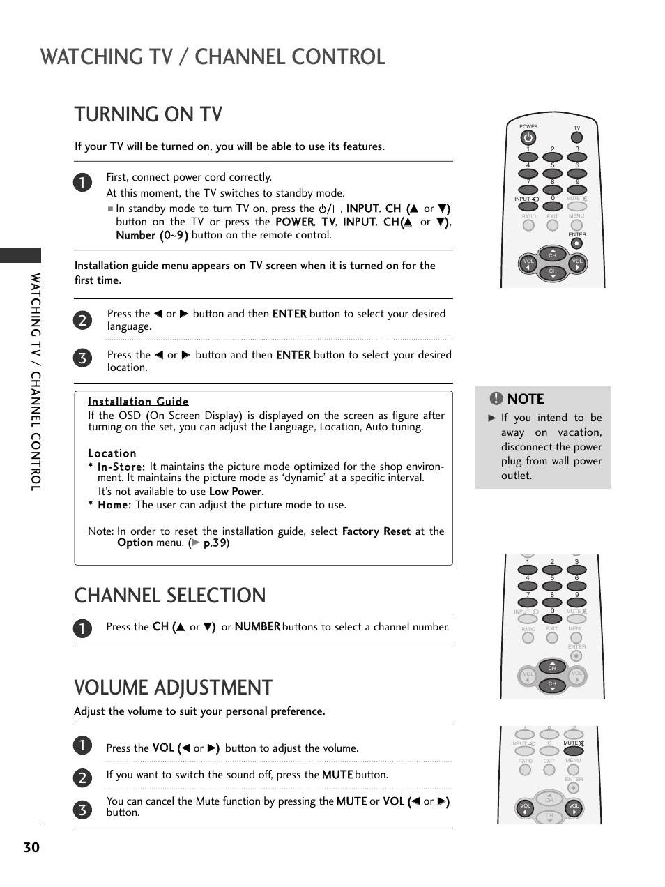 Turning on tv, Channel selection, Volume adjustment | Watching tv / channel control, Volume adjustment channel selection, Watching tv / channel contr ol | LG 32PC5RV User Manual | Page 32 / 78