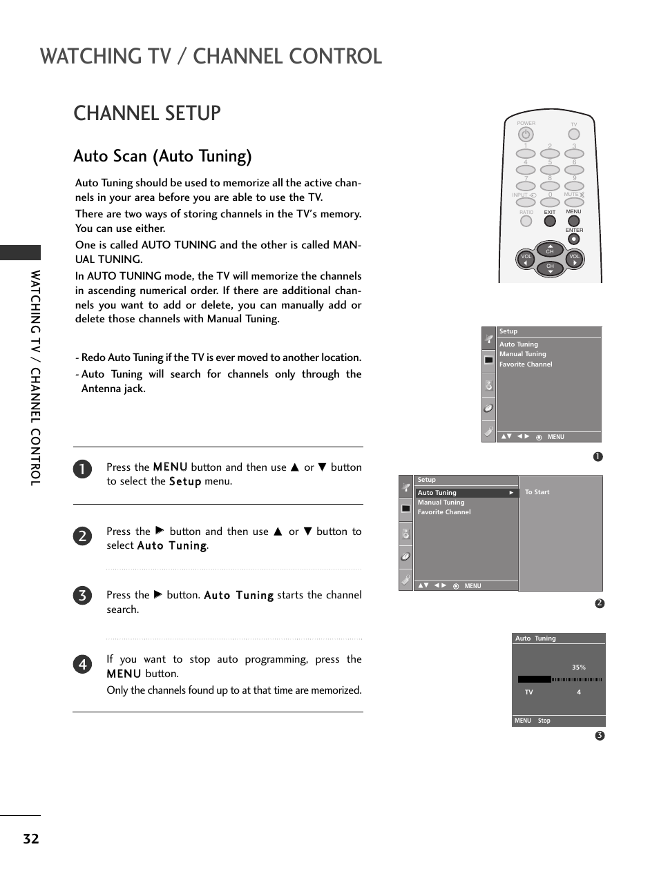 Channel setup, Auto scan (auto tuning), Watching tv / channel control | Watching tv / channel contr ol | LG 32PC5RV User Manual | Page 34 / 78