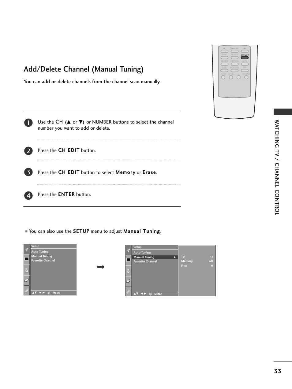 Add/delete channel (manual tuning), Watching tv / channel contr ol | LG 32PC5RV User Manual | Page 35 / 78