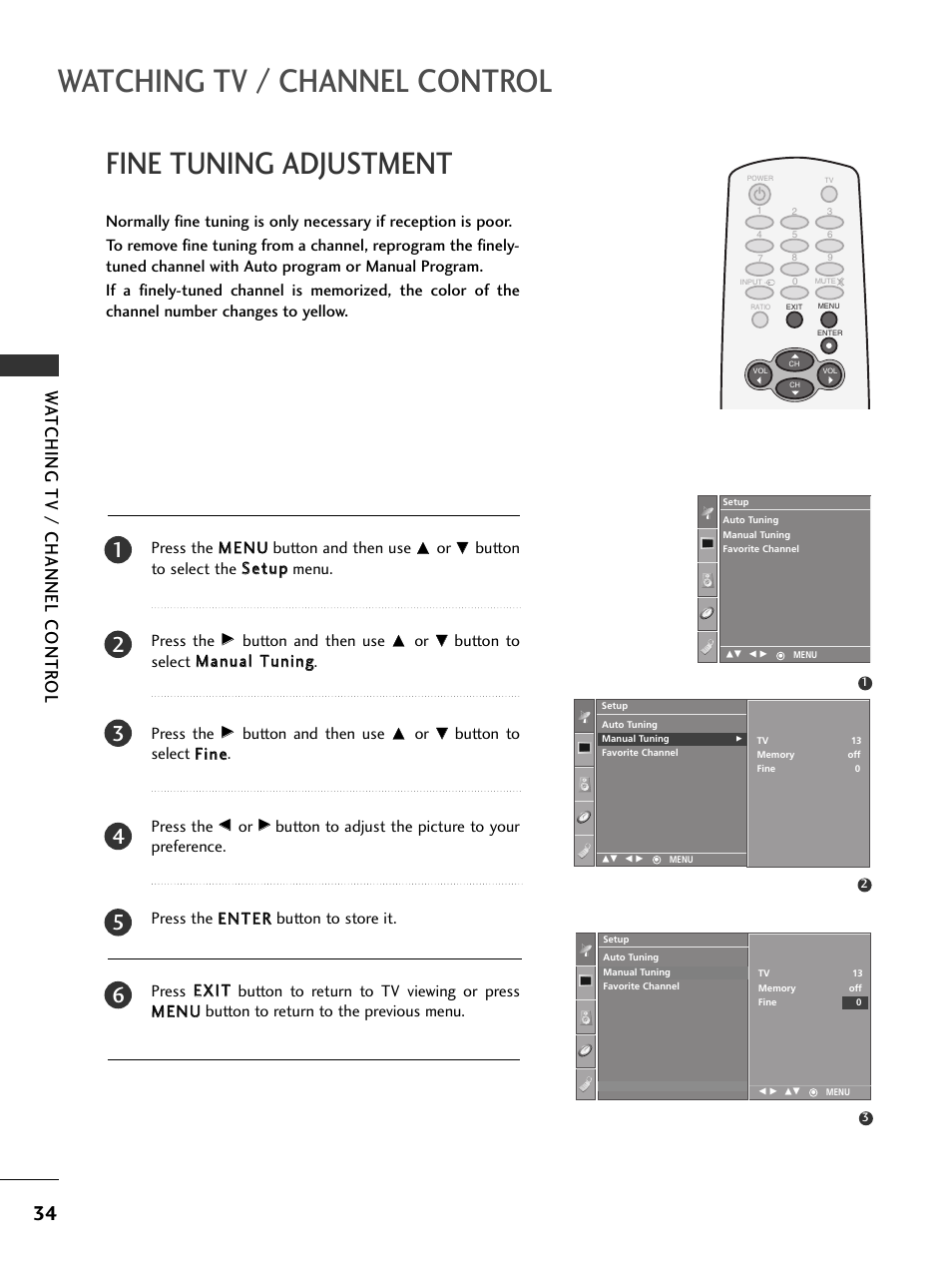 Fine tuning adjustment, Watching tv / channel control, Watching tv / channel contr ol | LG 32PC5RV User Manual | Page 36 / 78